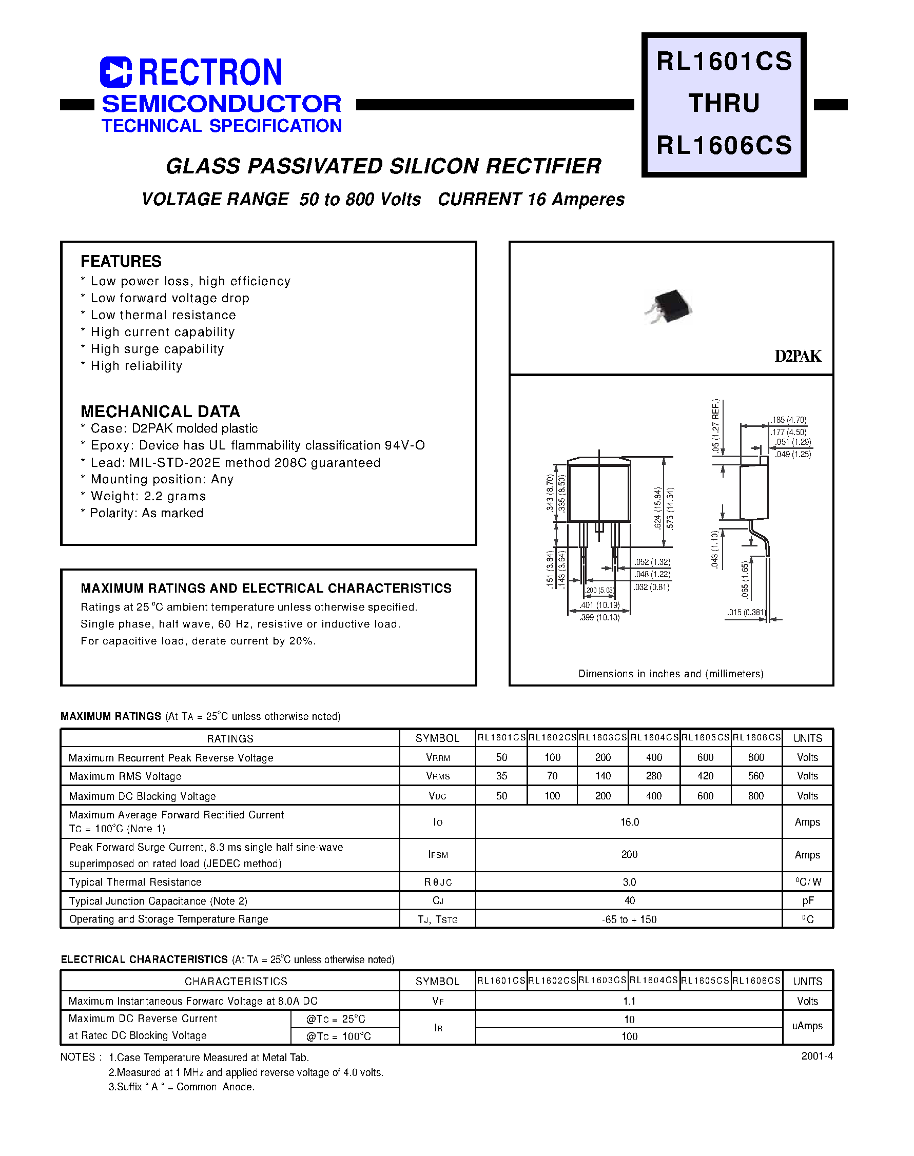 Даташит RL1603CS - GLASS PASSIVATED SILICON RECTIFIER (VOLTAGE RANGE 50 to 800 Volts CURRENT 16 Amperes) страница 1