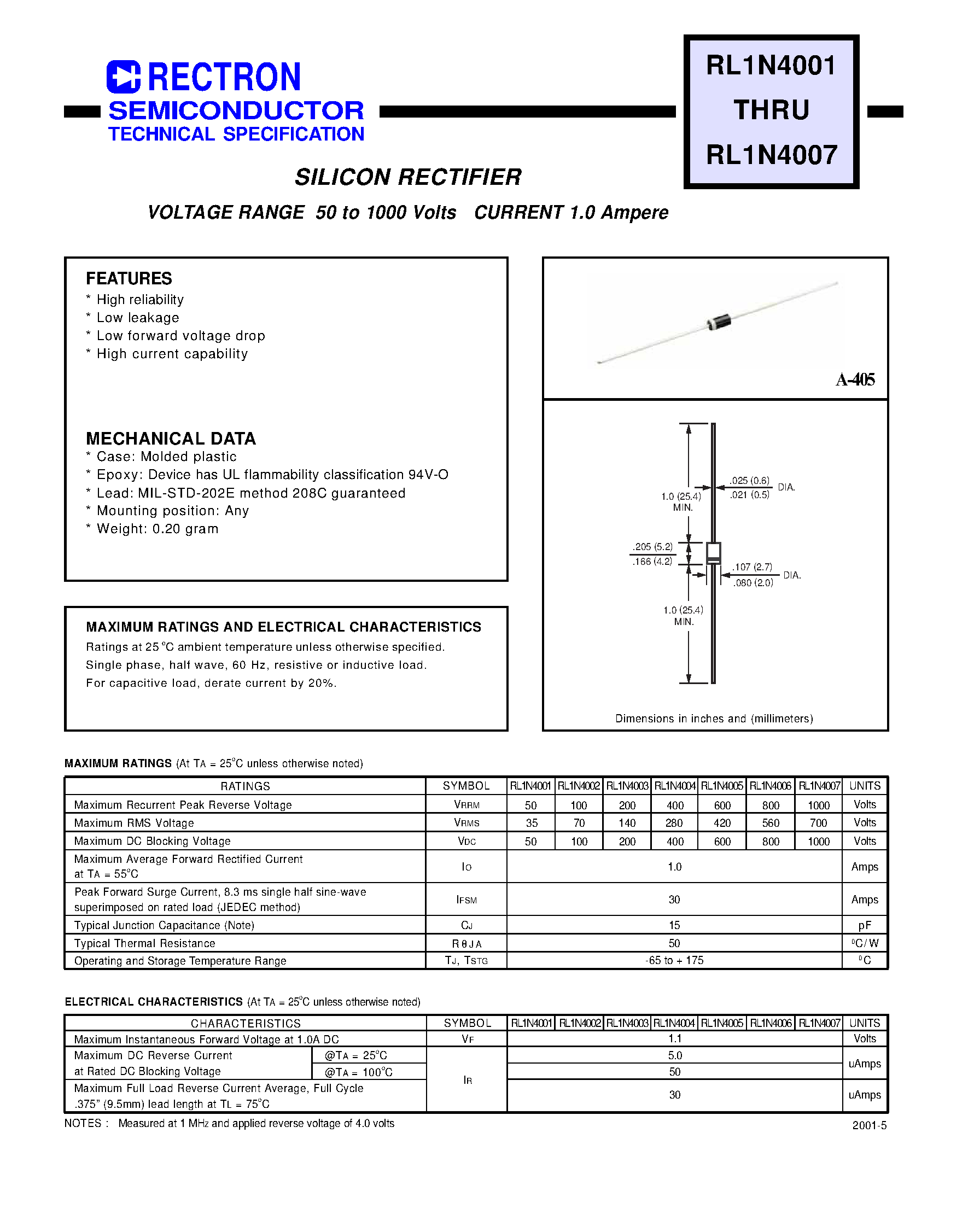 Datasheet RL1N4005 - SILICON RECTIFIER (VOLTAGE RANGE 50 to 1000 Volts CURRENT 1.0 Ampere) page 1