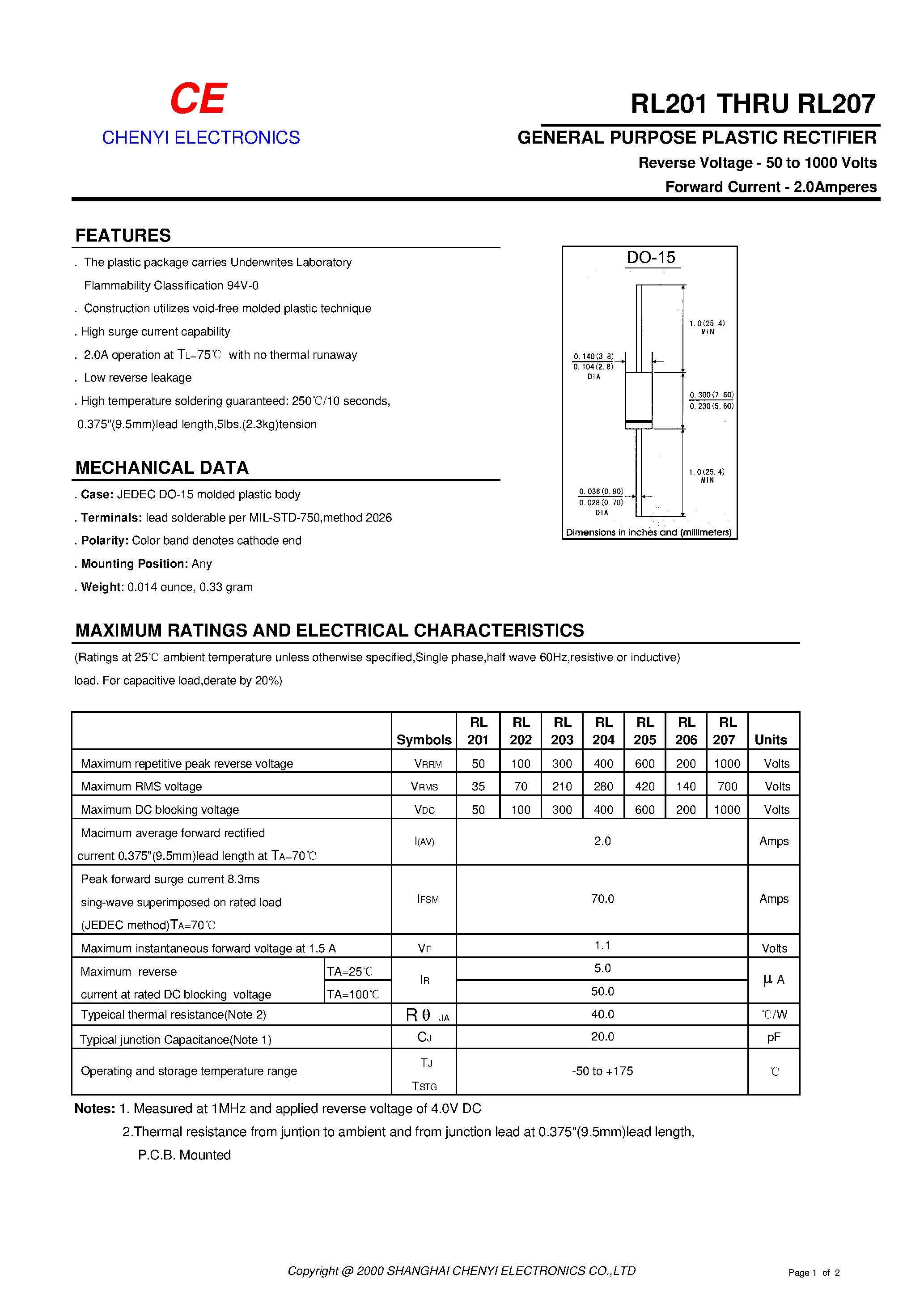 Даташит RL201 - GENERAL PURPOSE PLASTIC RECTIFIER страница 1