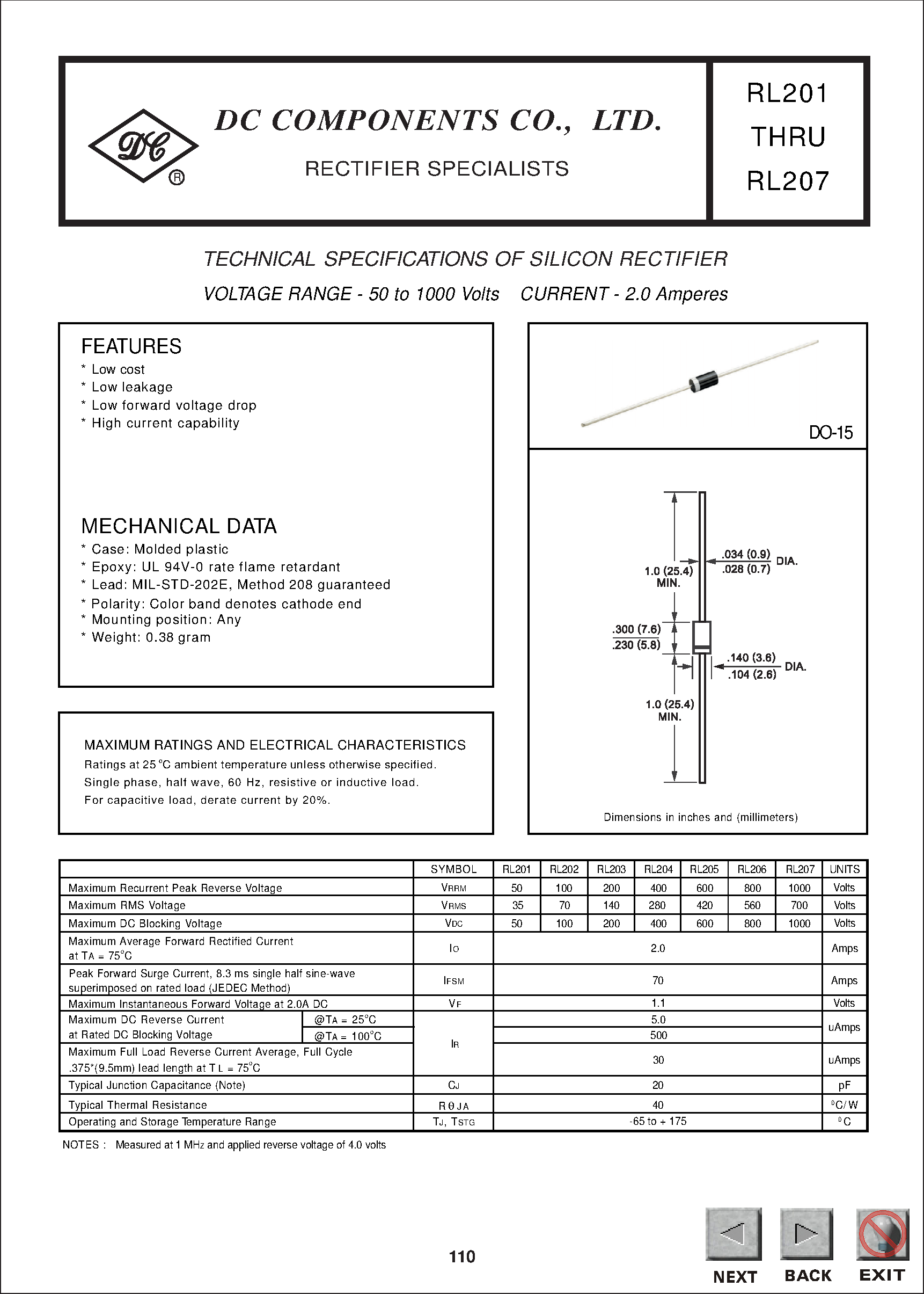 Даташит RL201 - TECHNICAL SPECIFICATIONS OF SILICON RECTIFIER страница 1
