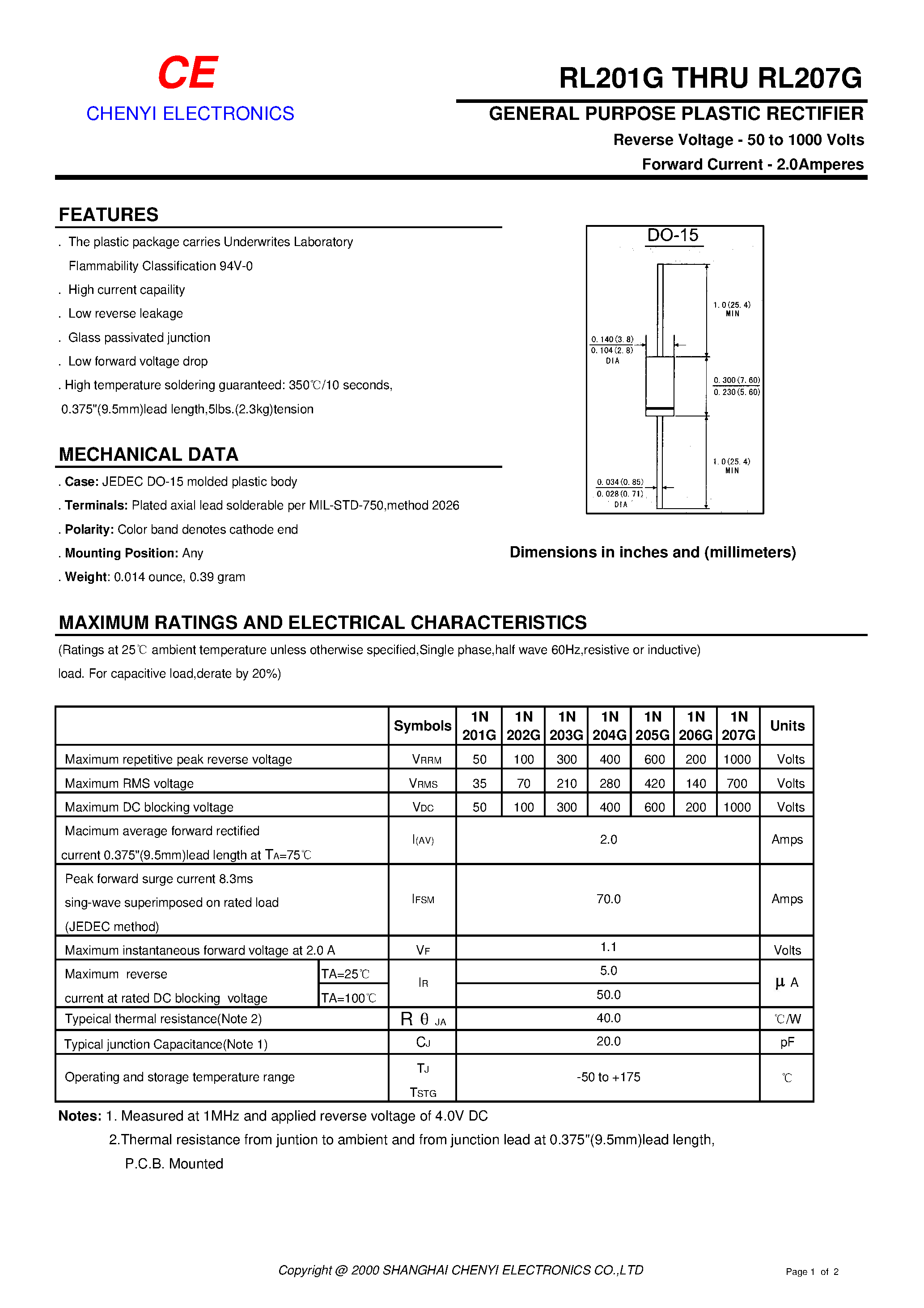 Даташит на микросхему RL201G страница 1 Даташит RL201G - GENERAL PURPOSE PLASTIC RECTIFIER страница 1