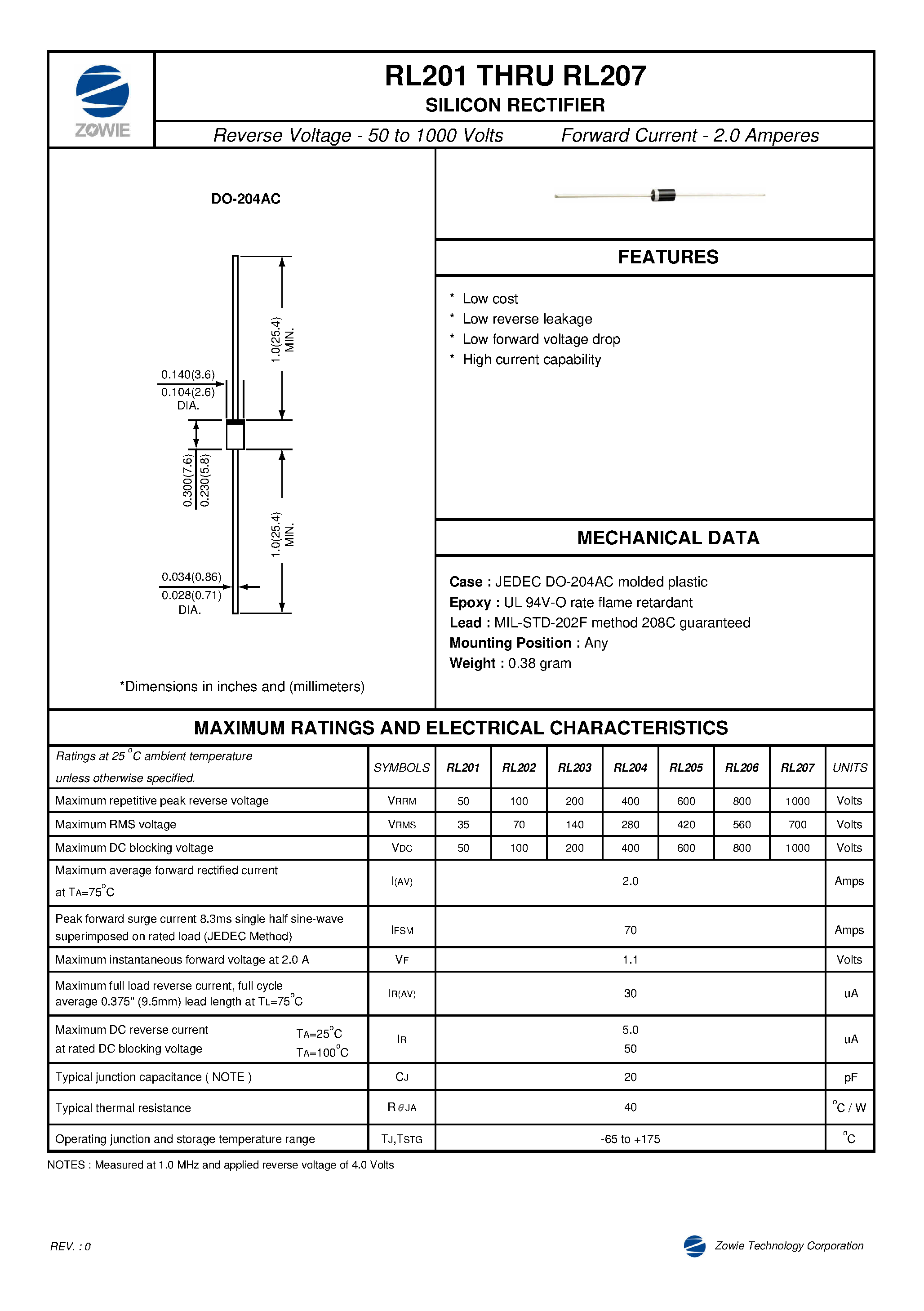 Даташит на микросхему RL202 страница 1 Даташит RL202 - SILICON RECTIFIER страница 1