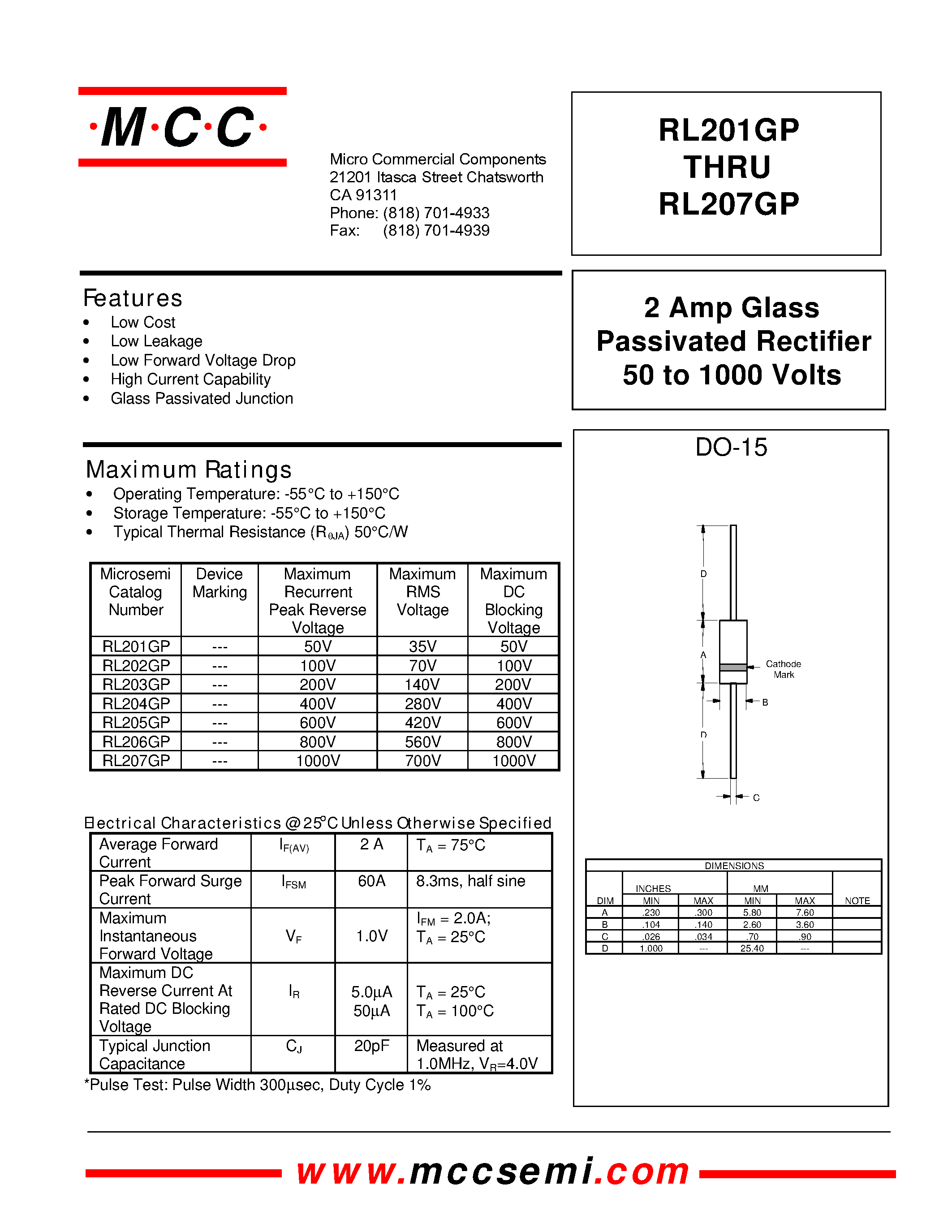 Datasheet RL202GP page 1 Datasheet RL202GP - 2 Amp Glass Passivated Rectifier 50 to 1000 Volts page 1