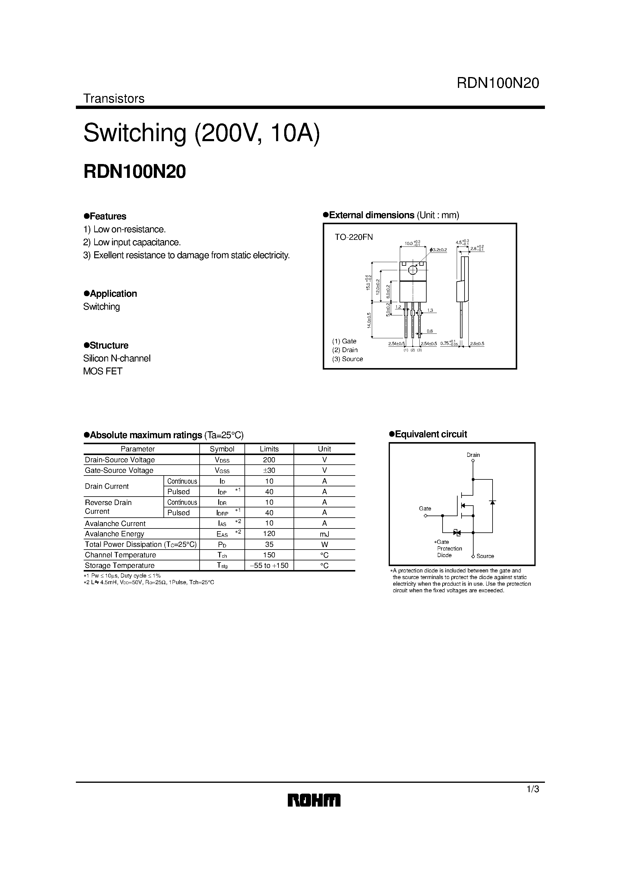 Datasheet RDN100N20 - Switching (200V/ 10A) page 1