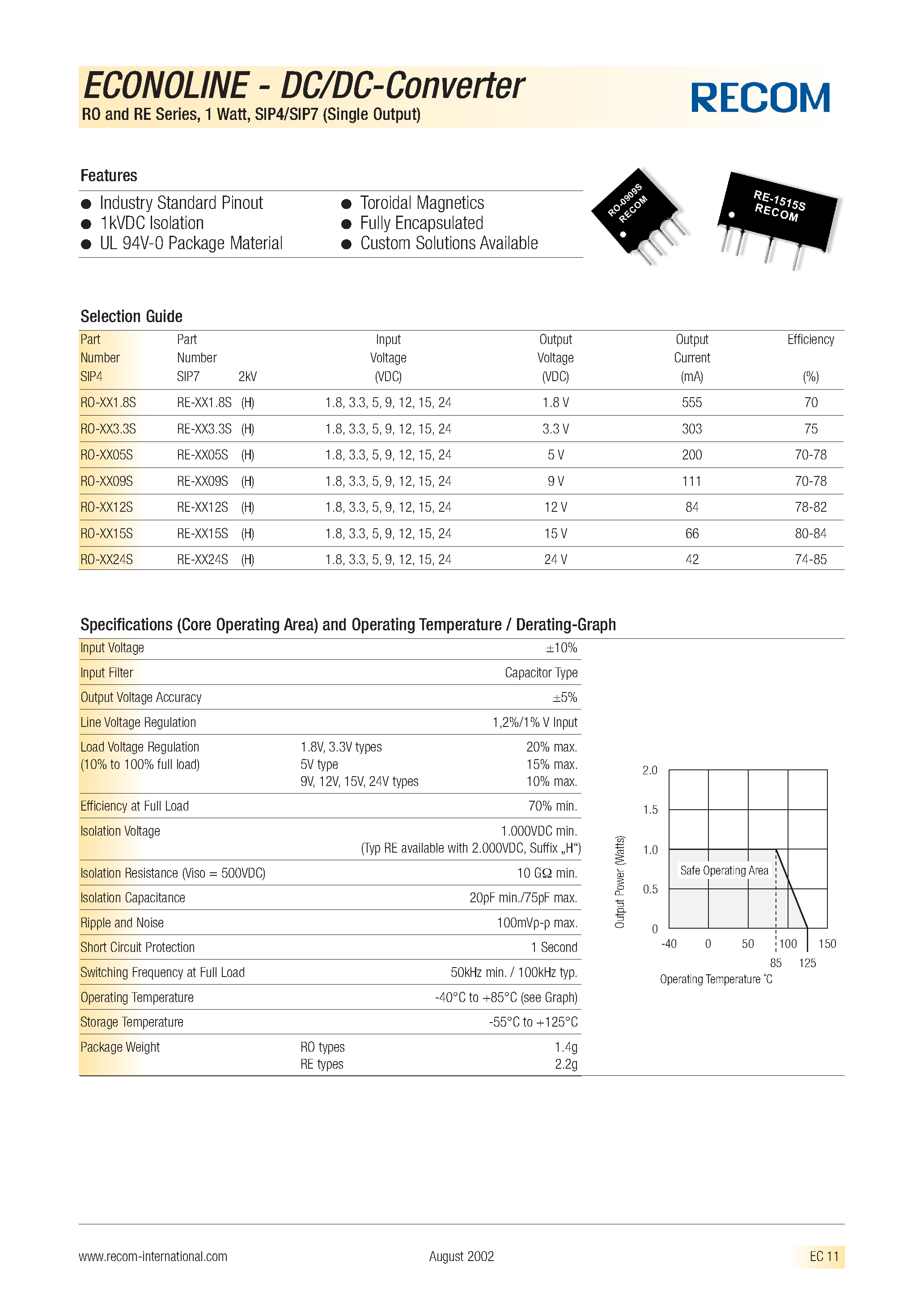 Даташит RE-1.814S - ECONOLINE - DC/DC - CONVERTER страница 1