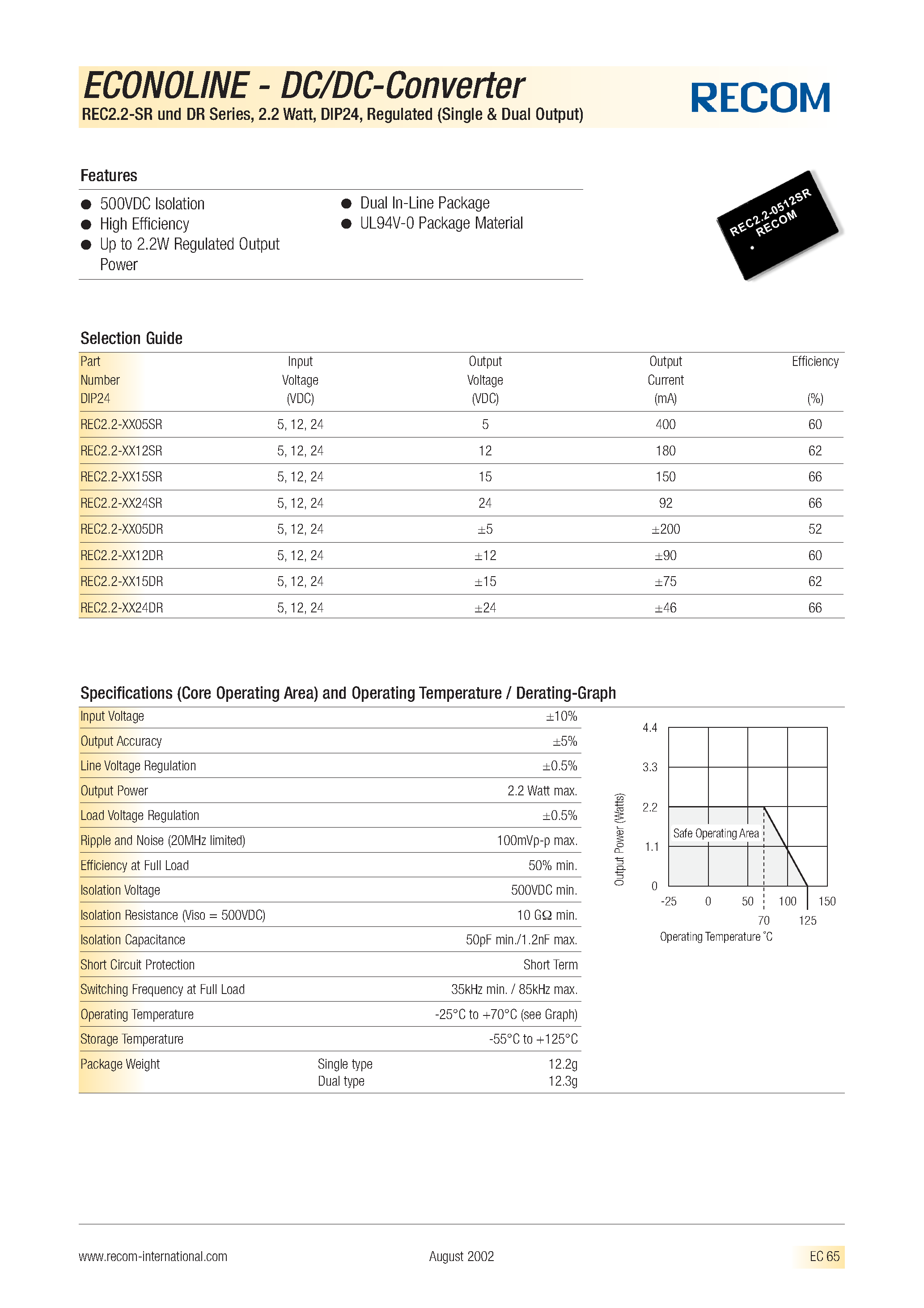 Datasheet REC2.2-0515DR - ECONOLINE - DC/DC - CONVERTER page 1