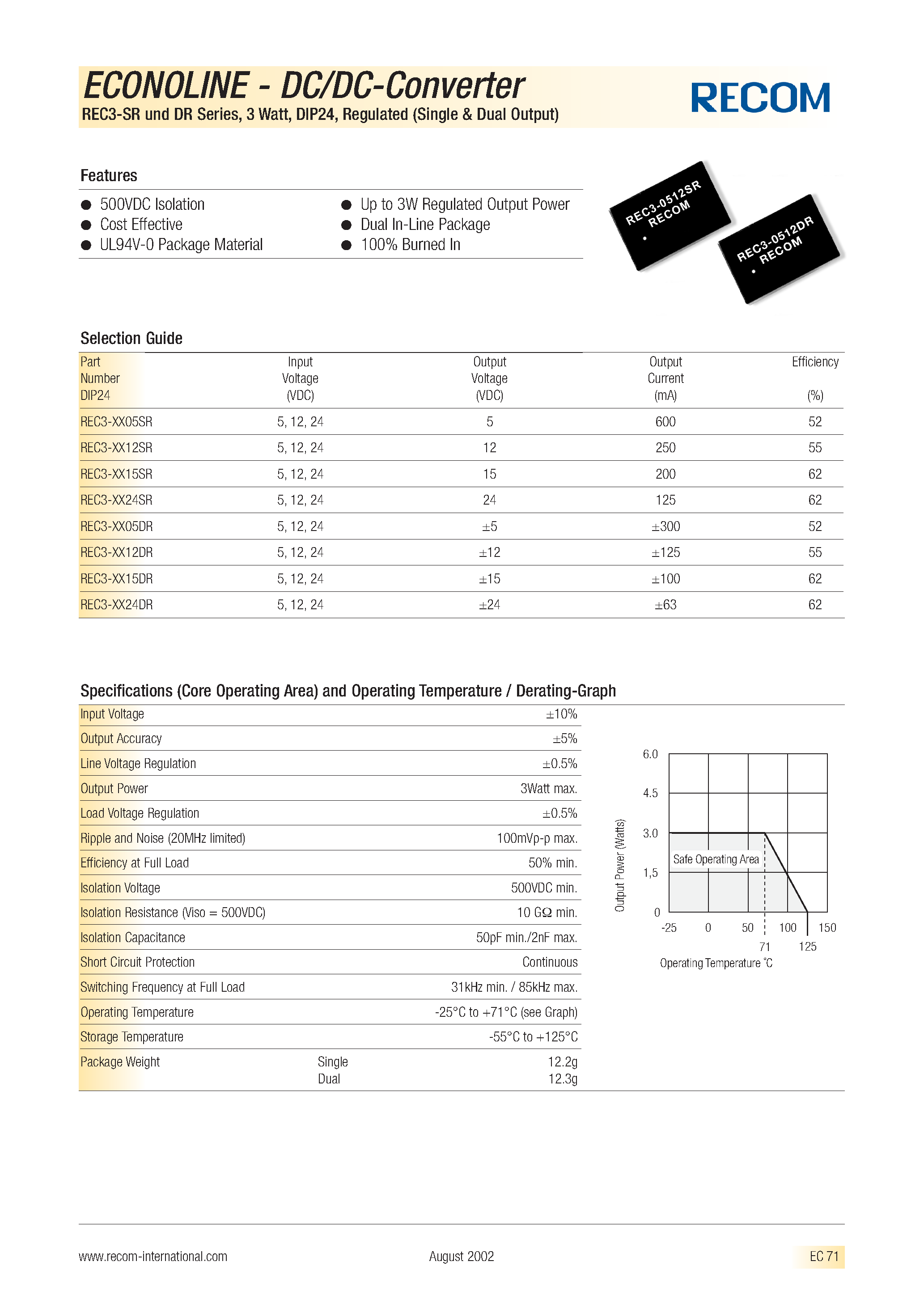 Datasheet REC2.2-1505SR - ECONOLINE - DC/DC - CONVERTER page 1