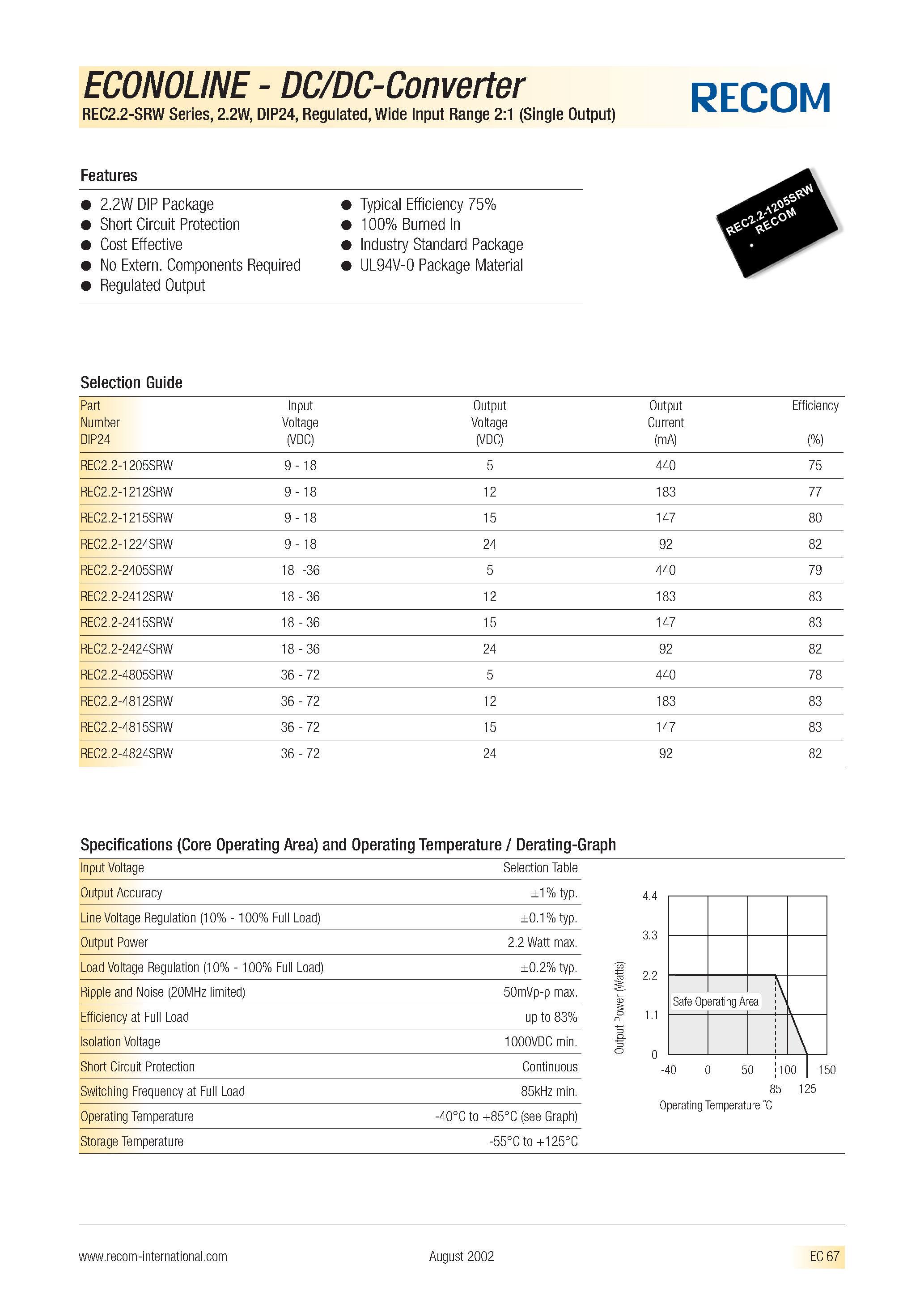 Datasheet REC2.2-2412SRW page 1 Datasheet REC2.2-2412SRW - ECONOLING - DC/DC - CONVERTER page 1