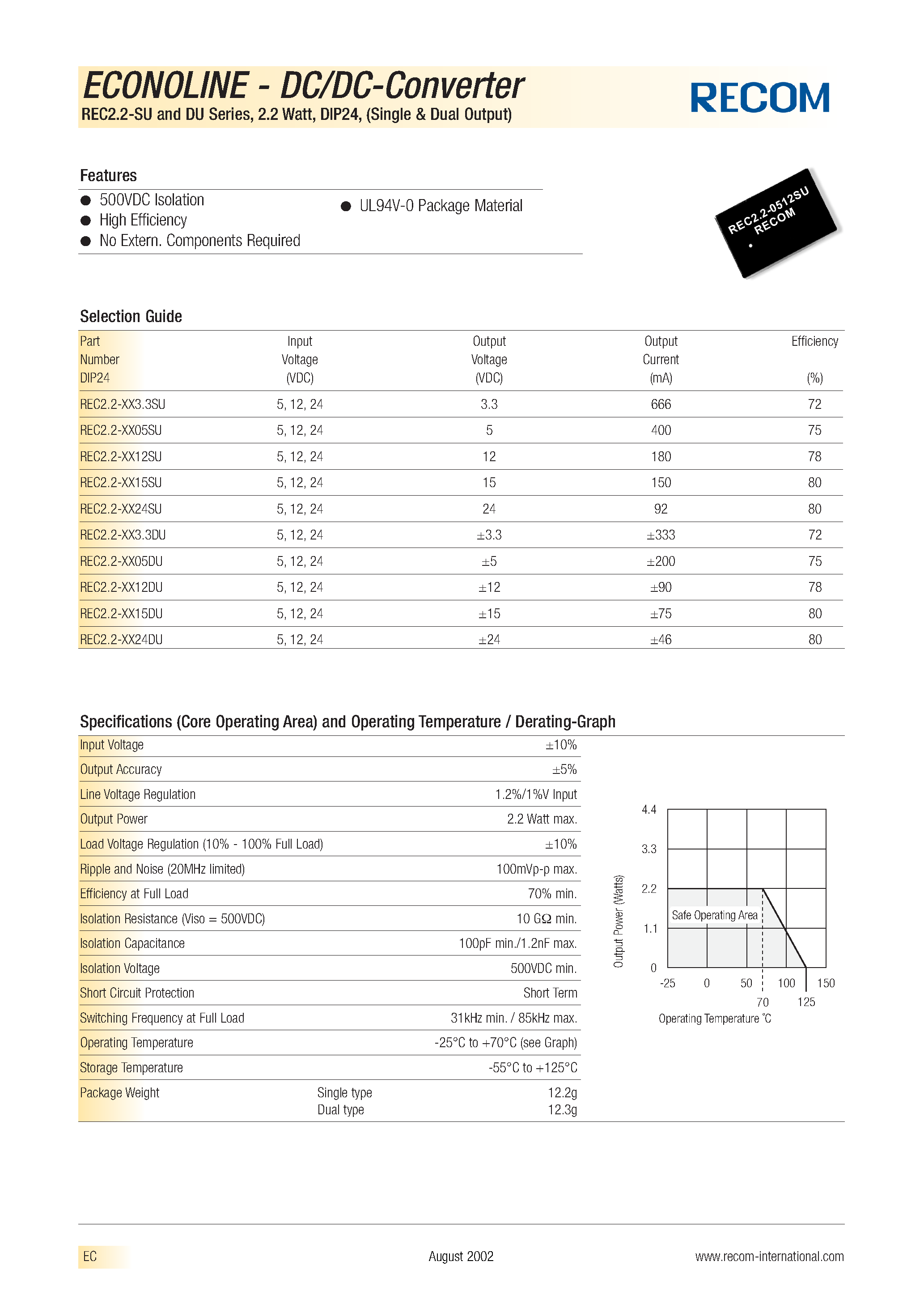 Datasheet REC2.2-3.312SU - ECONOLINE - DC/DC -CONVERTER page 1