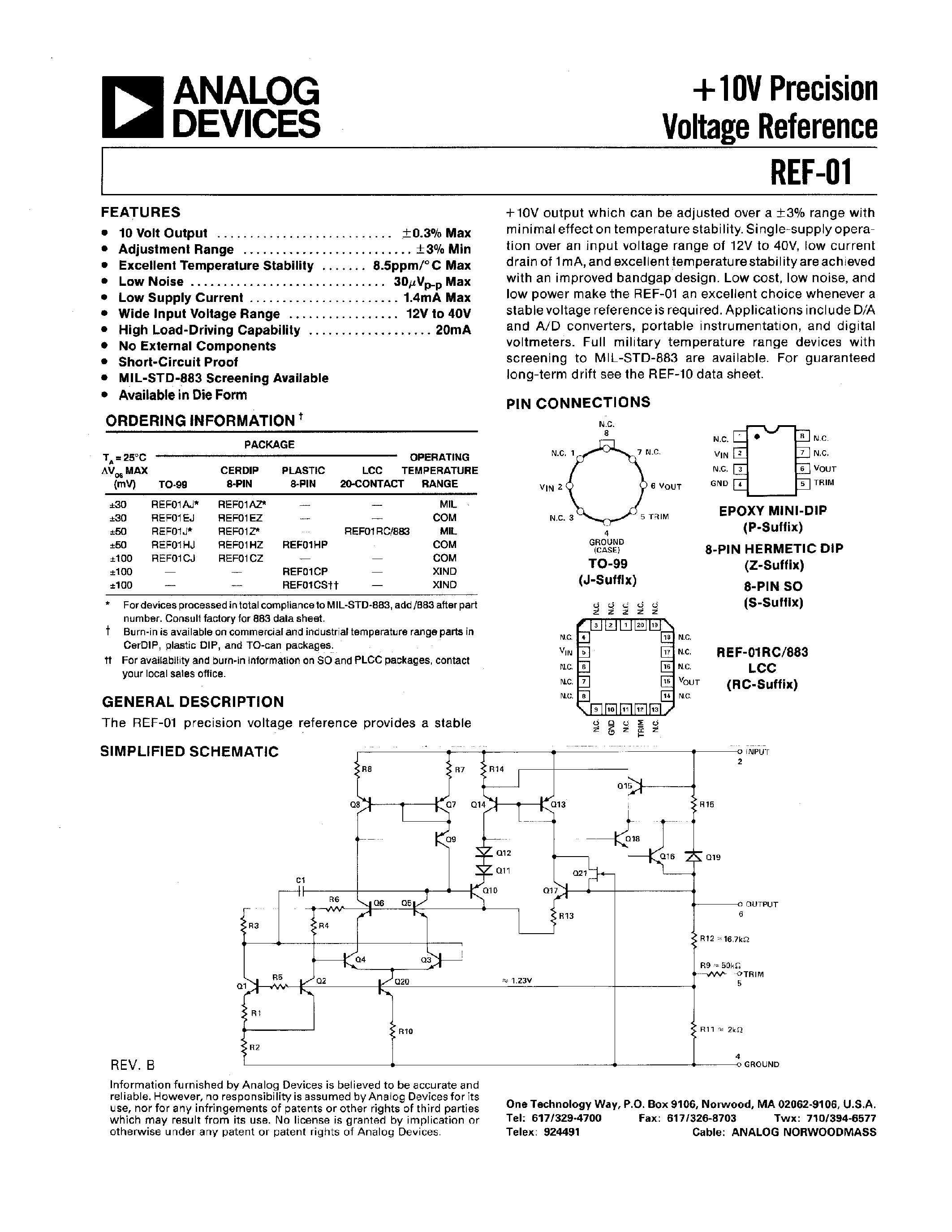 Даташит REF01EJ - 10 V Precision Voltage Reference страница 1