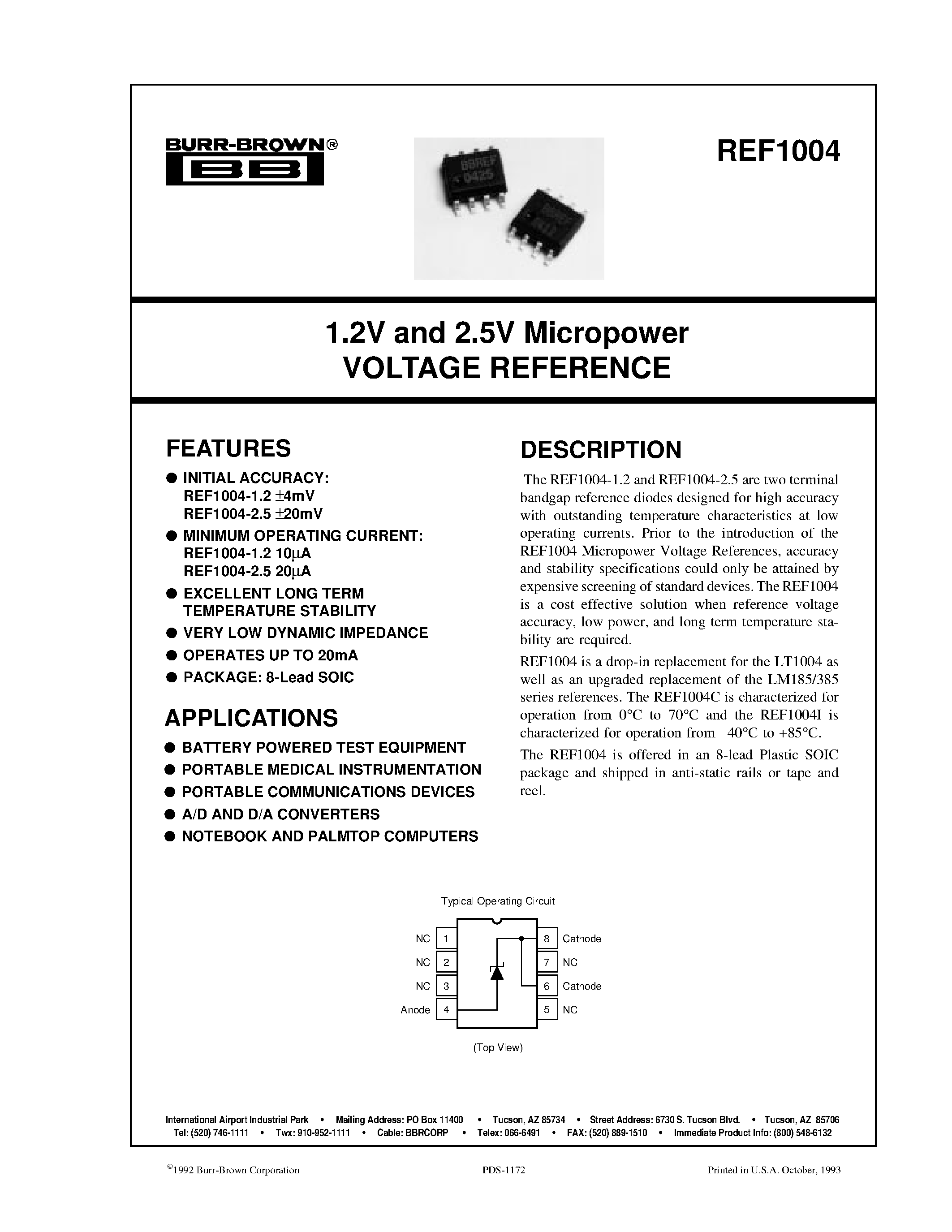 Datasheet REF1004-1.2 - 1.2V and 2.5V Micropower VOLTAGE REFERENCE page 1
