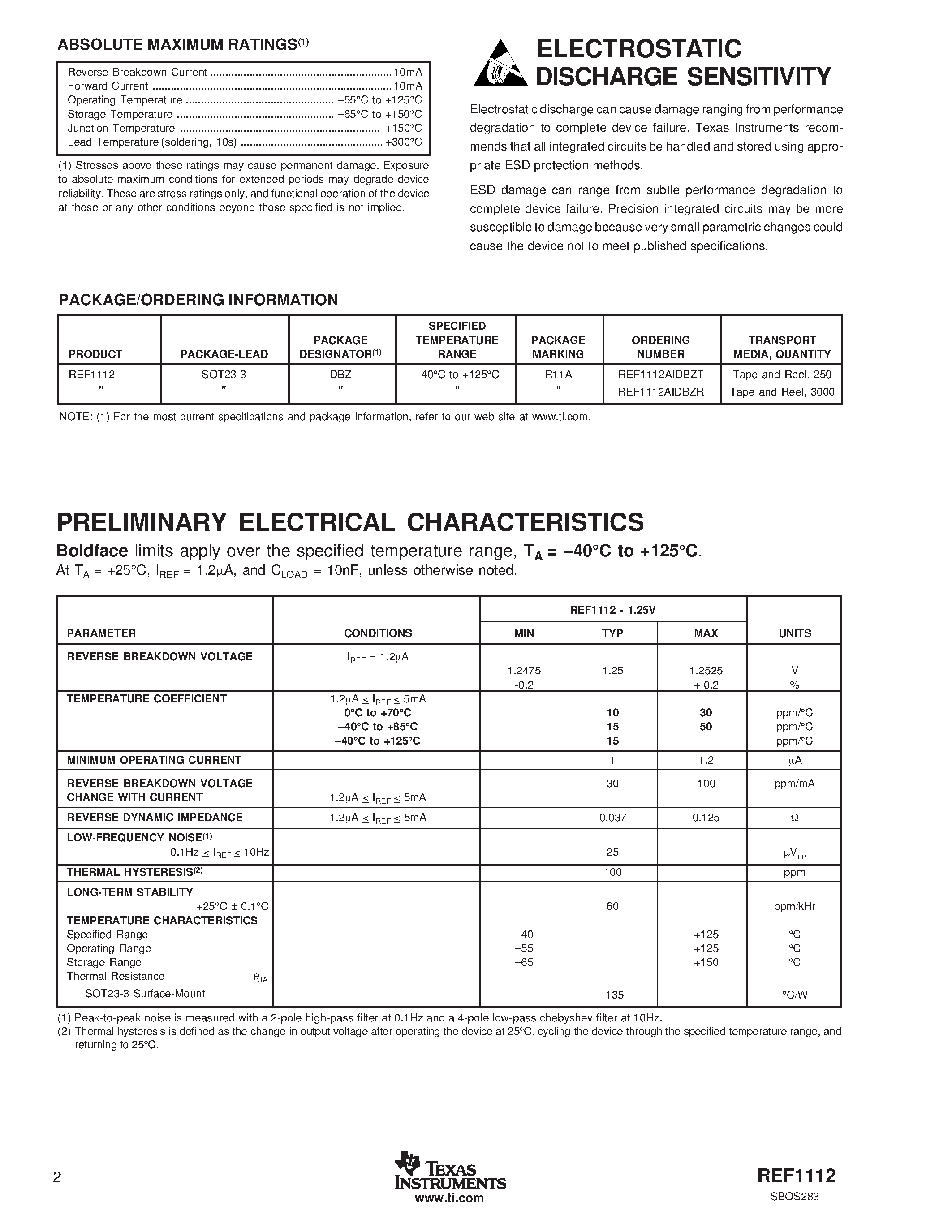 Даташит REF1112 - 10ppm/C/ 1UA/ 1.25V Shunt Voltage Reference страница 2