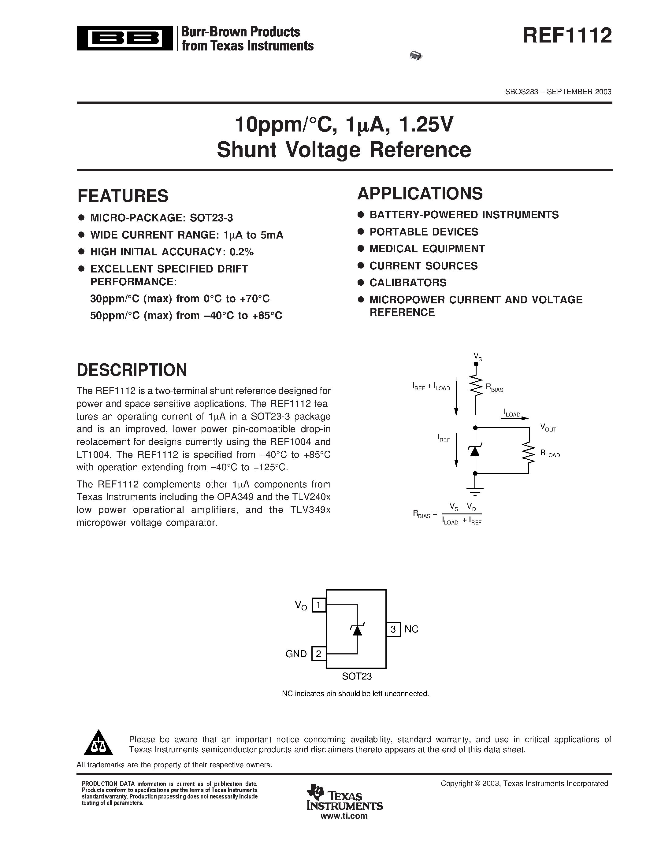 Даташит REF1112AIDBZR - 10ppm/C/ 1UA/ 1.25V Shunt Voltage Reference страница 1