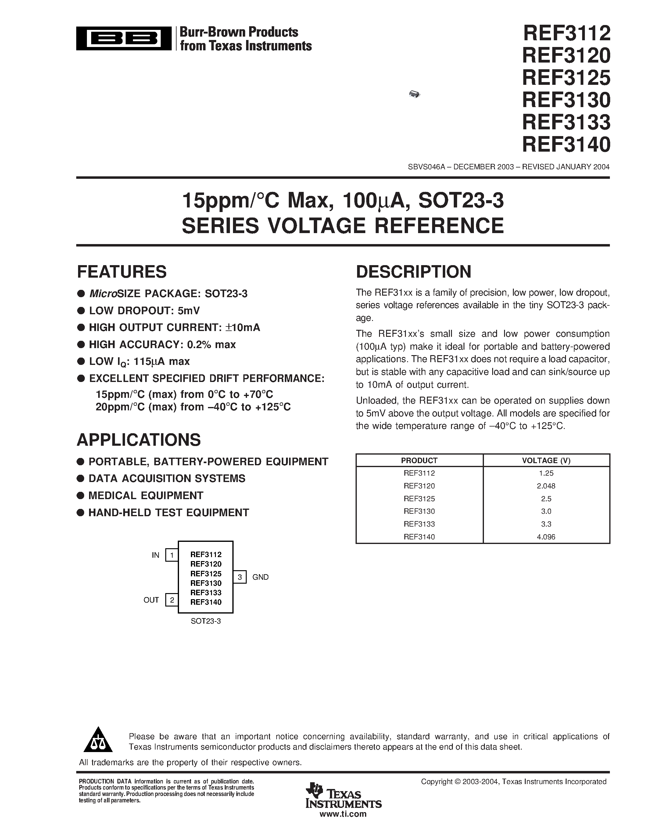 Datasheet REF3120AIDBZT page 1 Datasheet REF3120AIDBZT - 15ppm/C Max/ 100UA/ SOT23-3 SERIES VOLTAGE REFERENCE page 1
