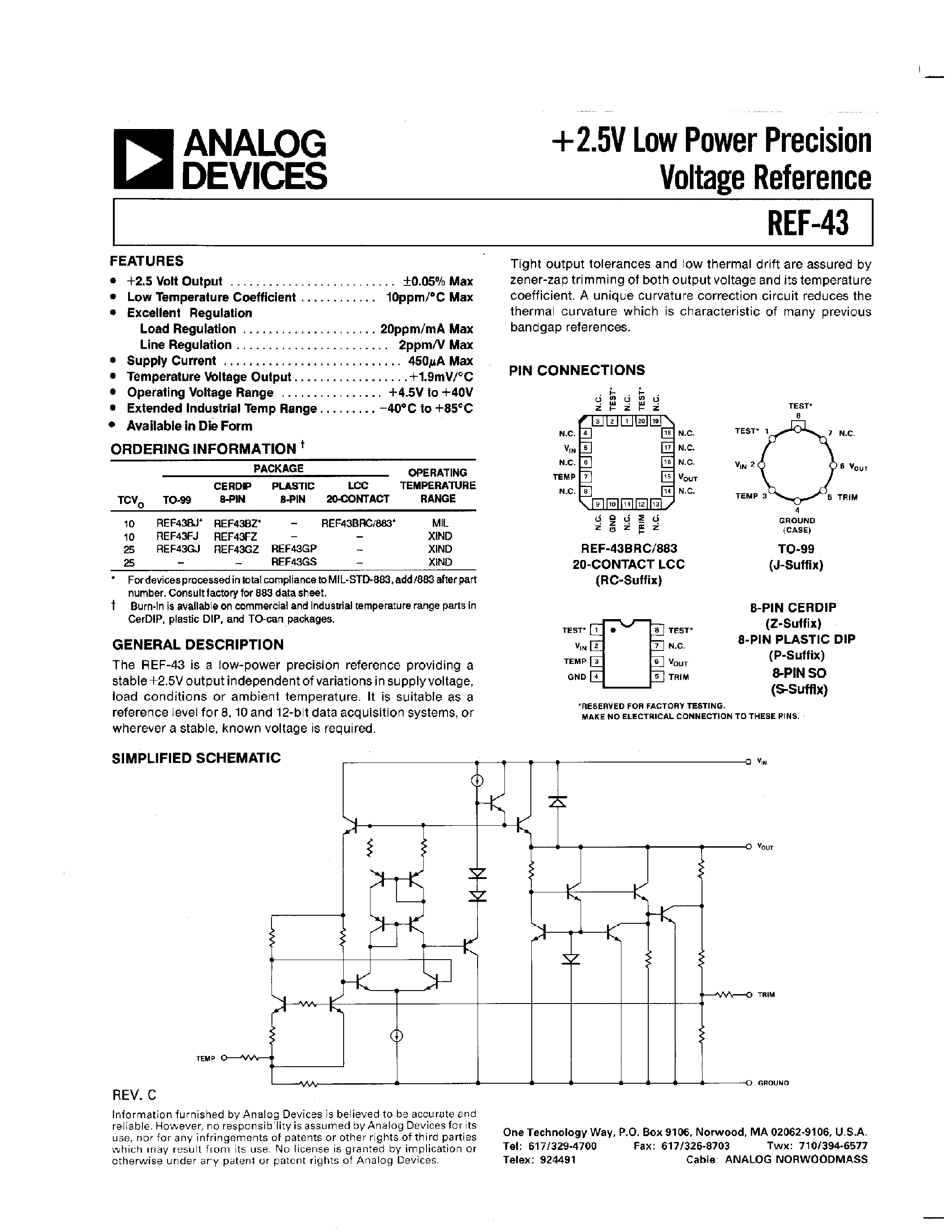 Datasheet REF43BRC/883 page 1 Datasheet REF43BRC/883 - +2.5V Low Power Precision Voltage Reference page 1