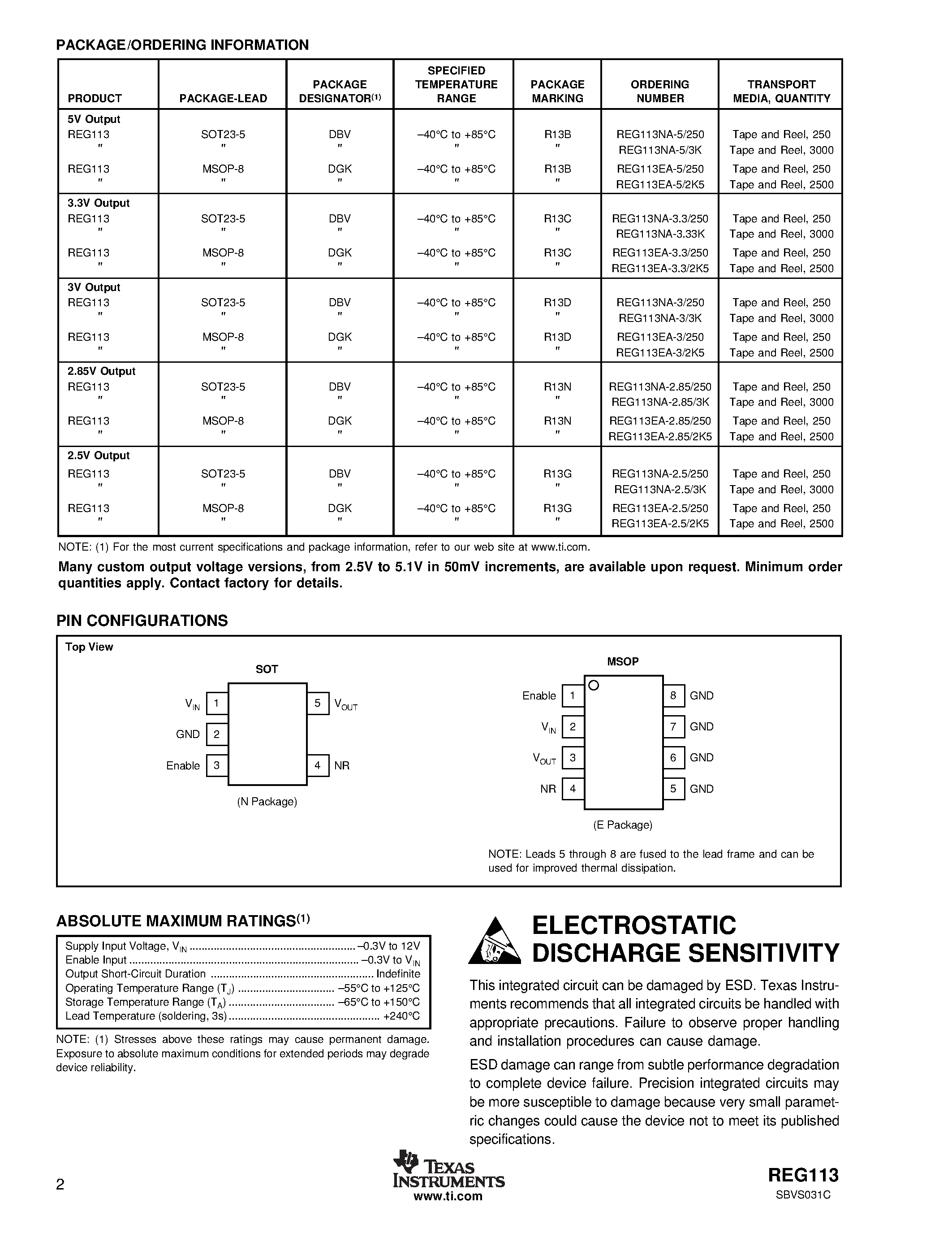 Datasheet REG113EA-3.3/2K5 - DMOS 400mA Low-Dropout Regulator page 2