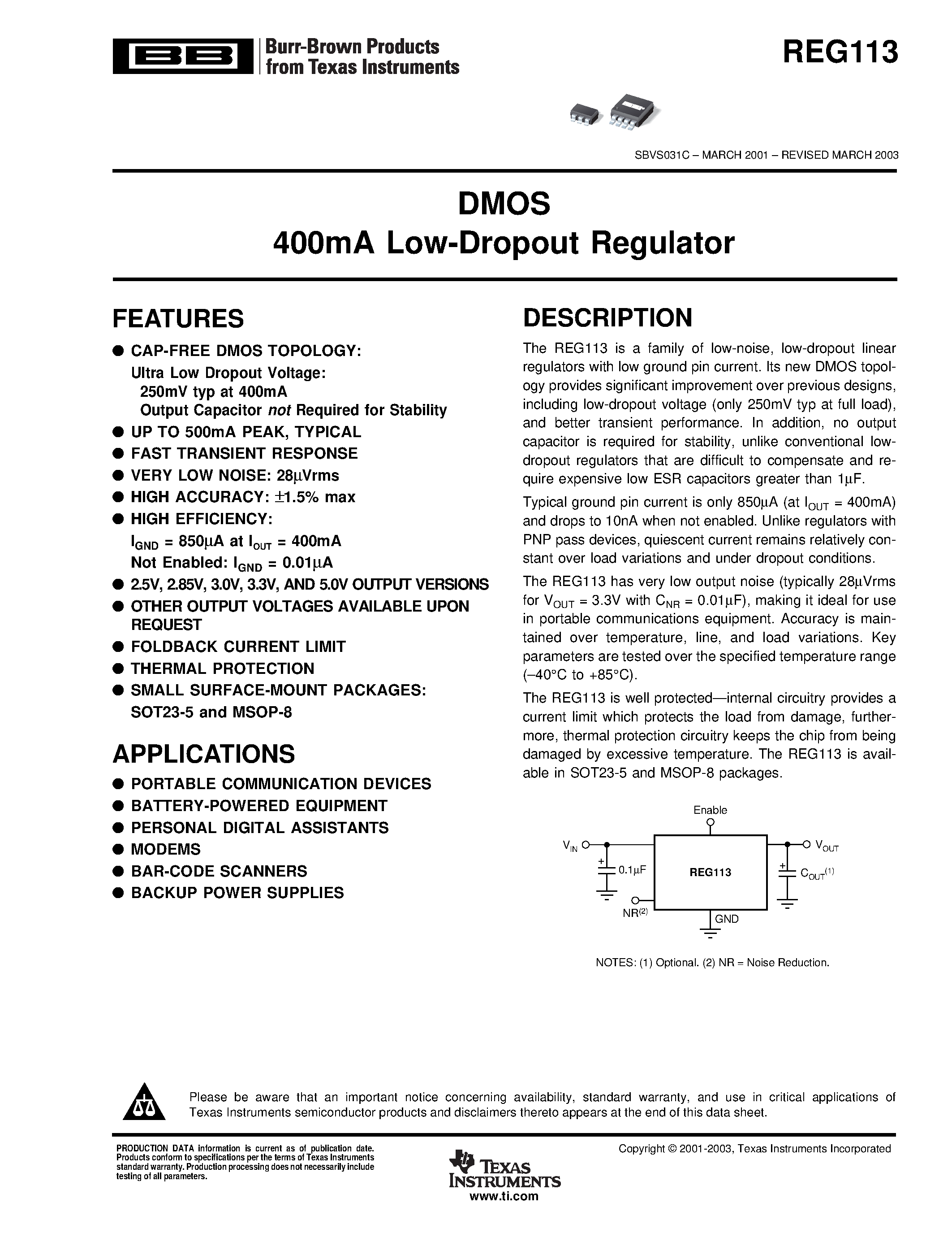 Datasheet REG113NA-2.85/3K - DMOS 400mA Low-Dropout Regulator page 1