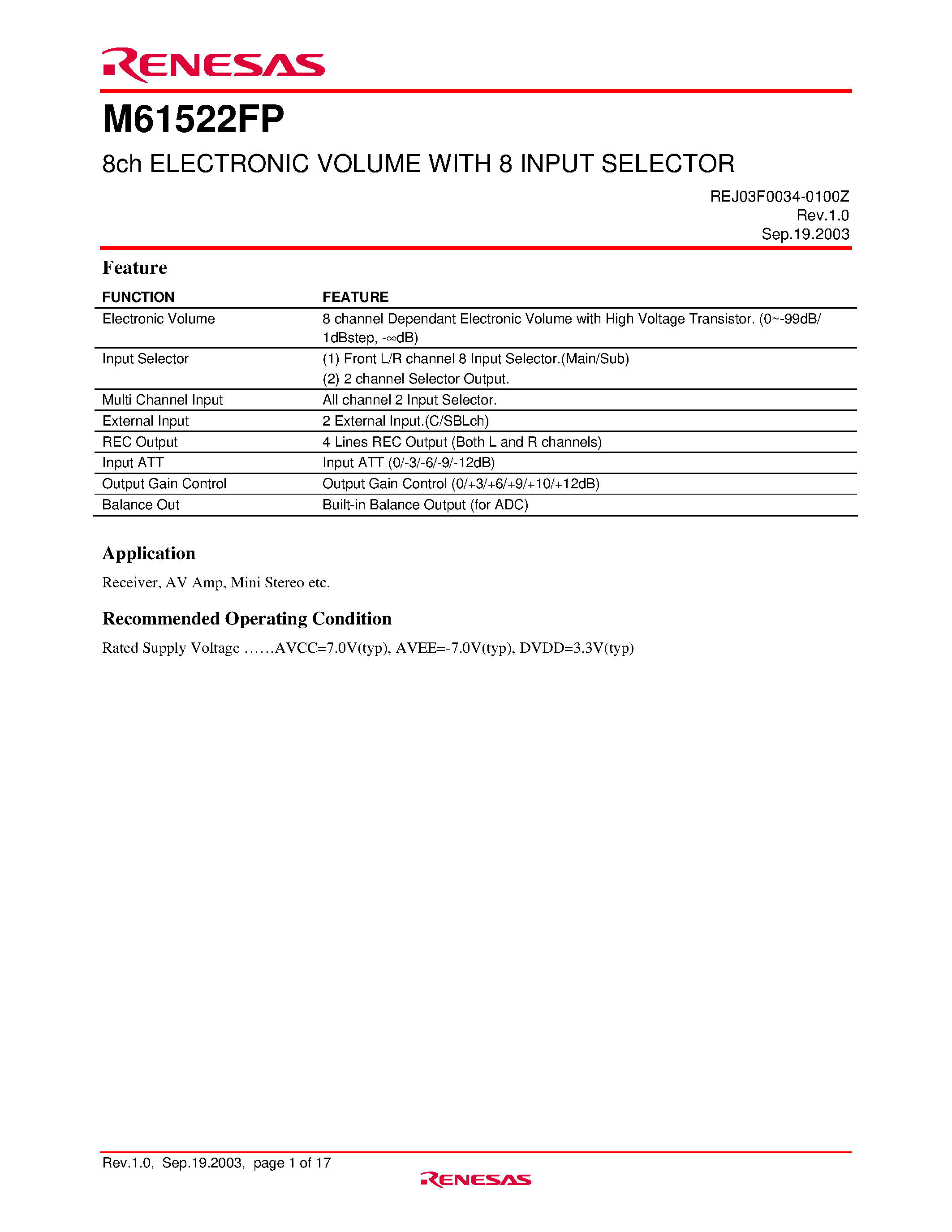 Даташит REJ03F0034_M61522FP - 8ch ELECTRONIC VOLUME WITH 8 INPUT SELECTOR страница 1