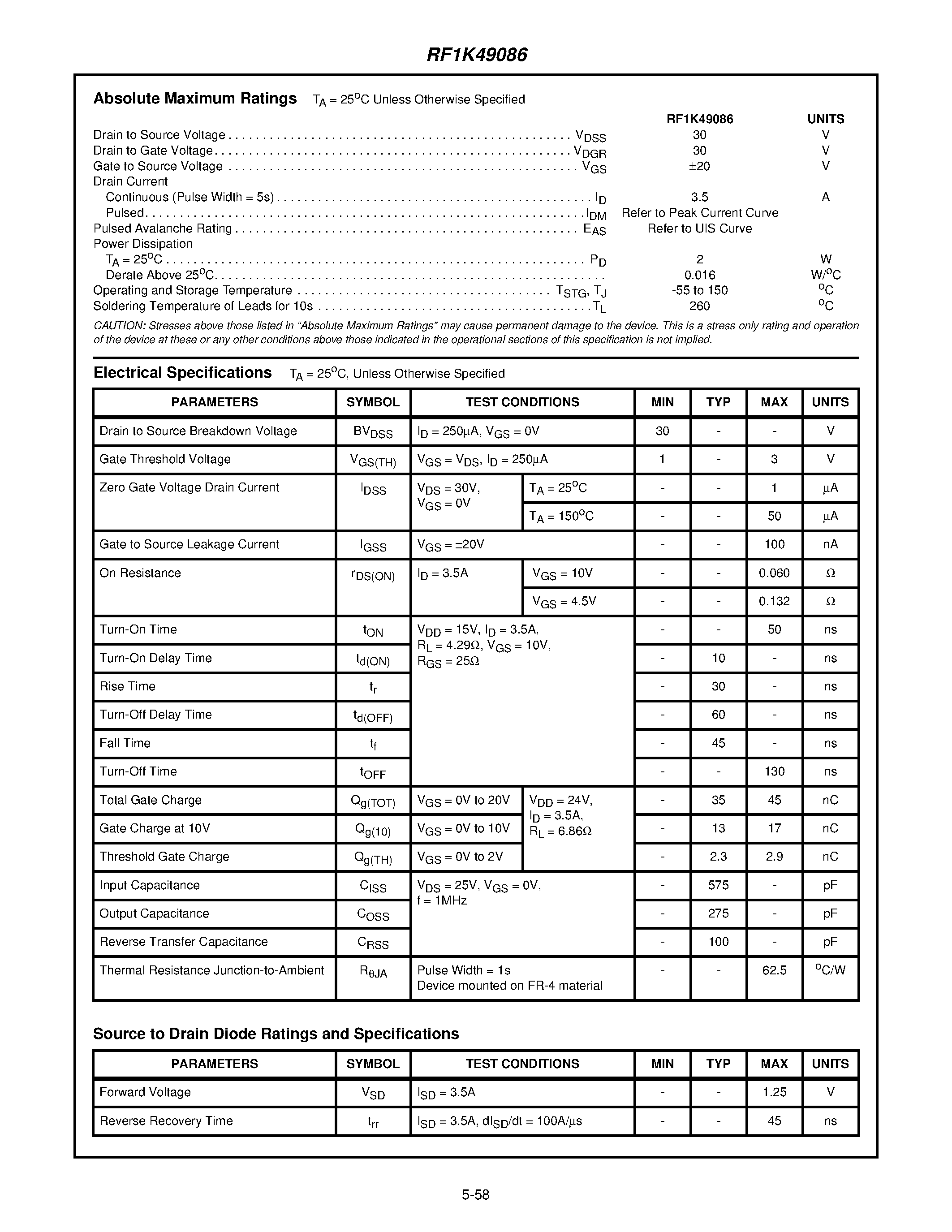 Datasheet RF1K49086 page 2 Datasheet RF1K49086 - 3.5A/ 30V/ Avalanche Rated/ Dual N-Channel LittleFET Enhancement Mode Power MOSFET page 2
