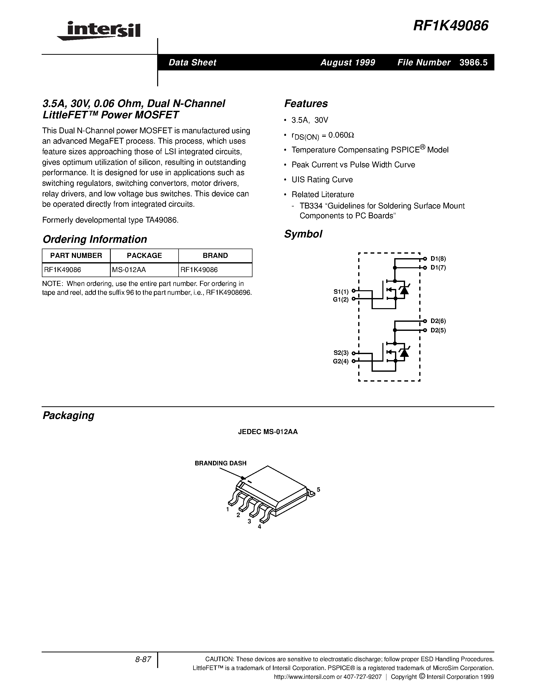 Datasheet RF1K49086 - 3.5A/ 30V/ 0.06 Ohm/ Dual N-Channel LittleFET Power MOSFET page 1