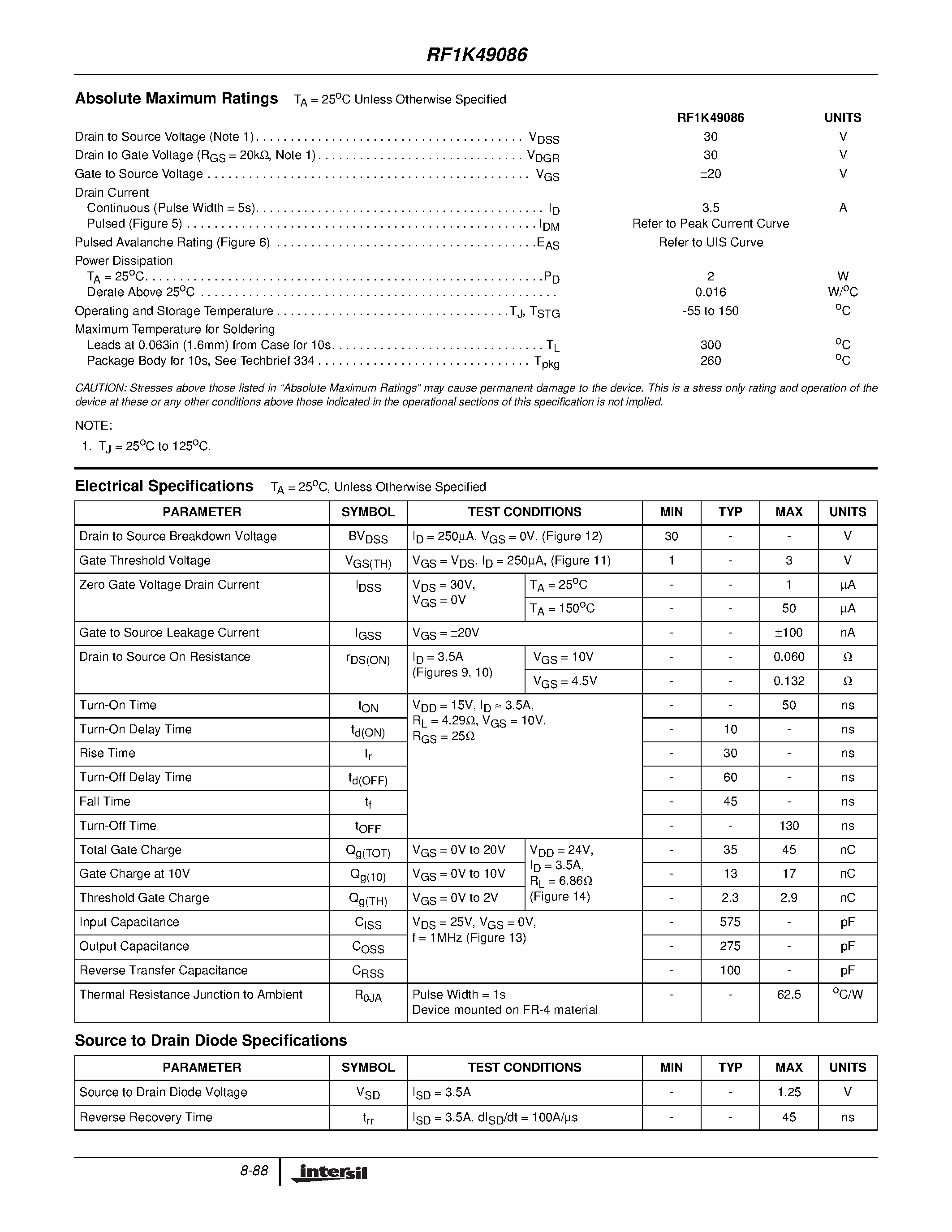 Datasheet RF1K49086 - 3.5A/ 30V/ 0.06 Ohm/ Dual N-Channel LittleFET Power MOSFET page 2