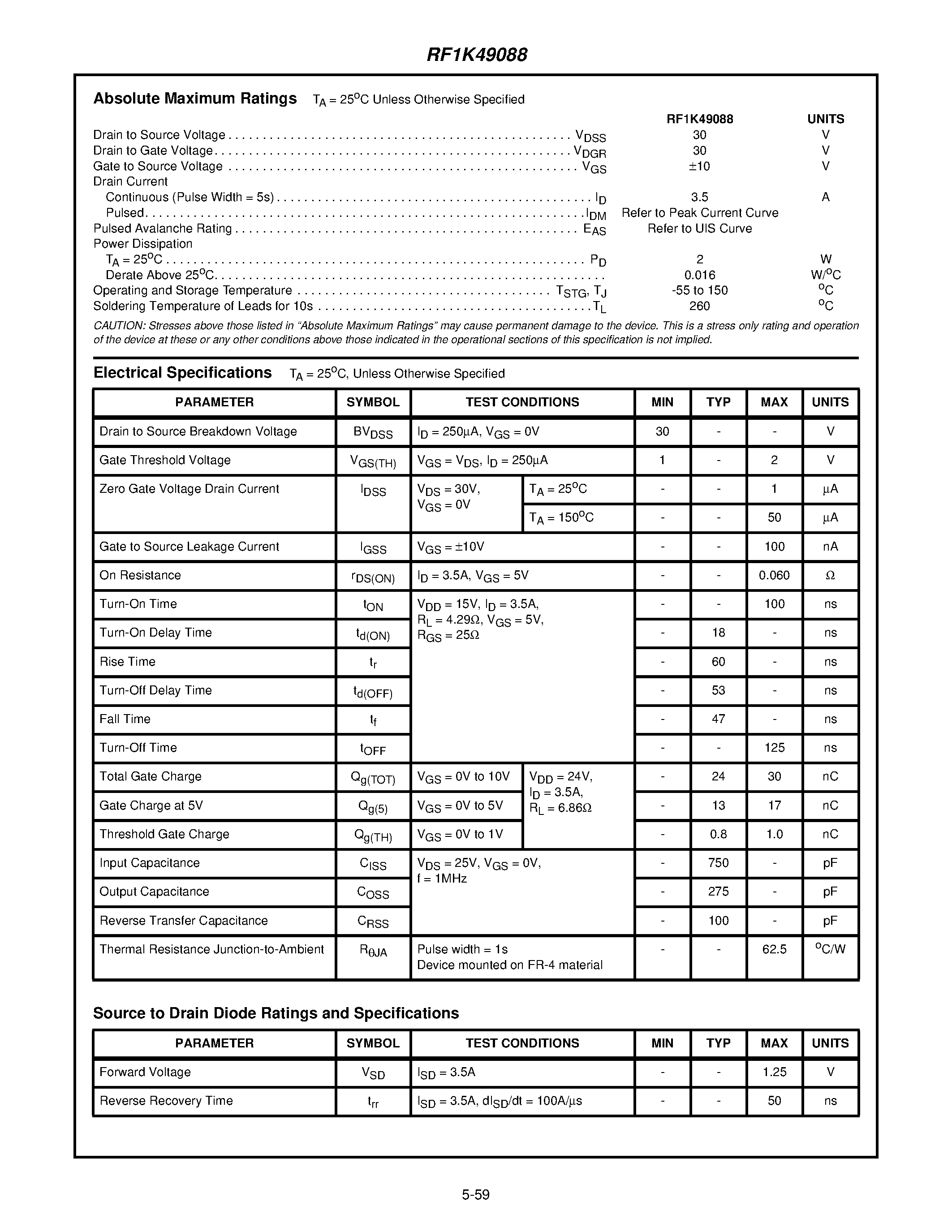 Datasheet RF1K49088 page 2 Datasheet RF1K49088 - 3.5A/ 30V/ Avalanche Rated/ Logic Level/ Dual N-Channel LittleFET Enhancement Mode Power MOSFET page 2