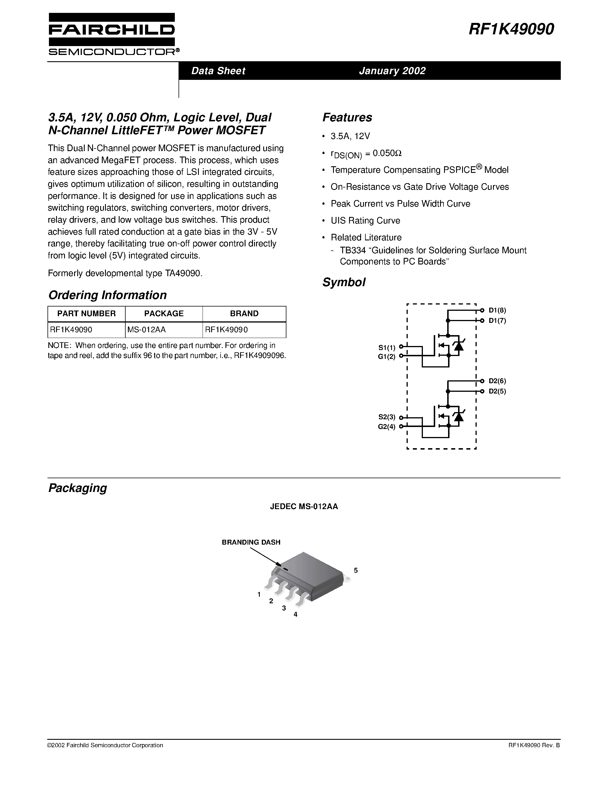 Datasheet RF1K49090 - 3.5A/ 12V/ 0.050 Ohm/ Logic Level/ Dual N-Channel LittleFET Power MOSFET page 1