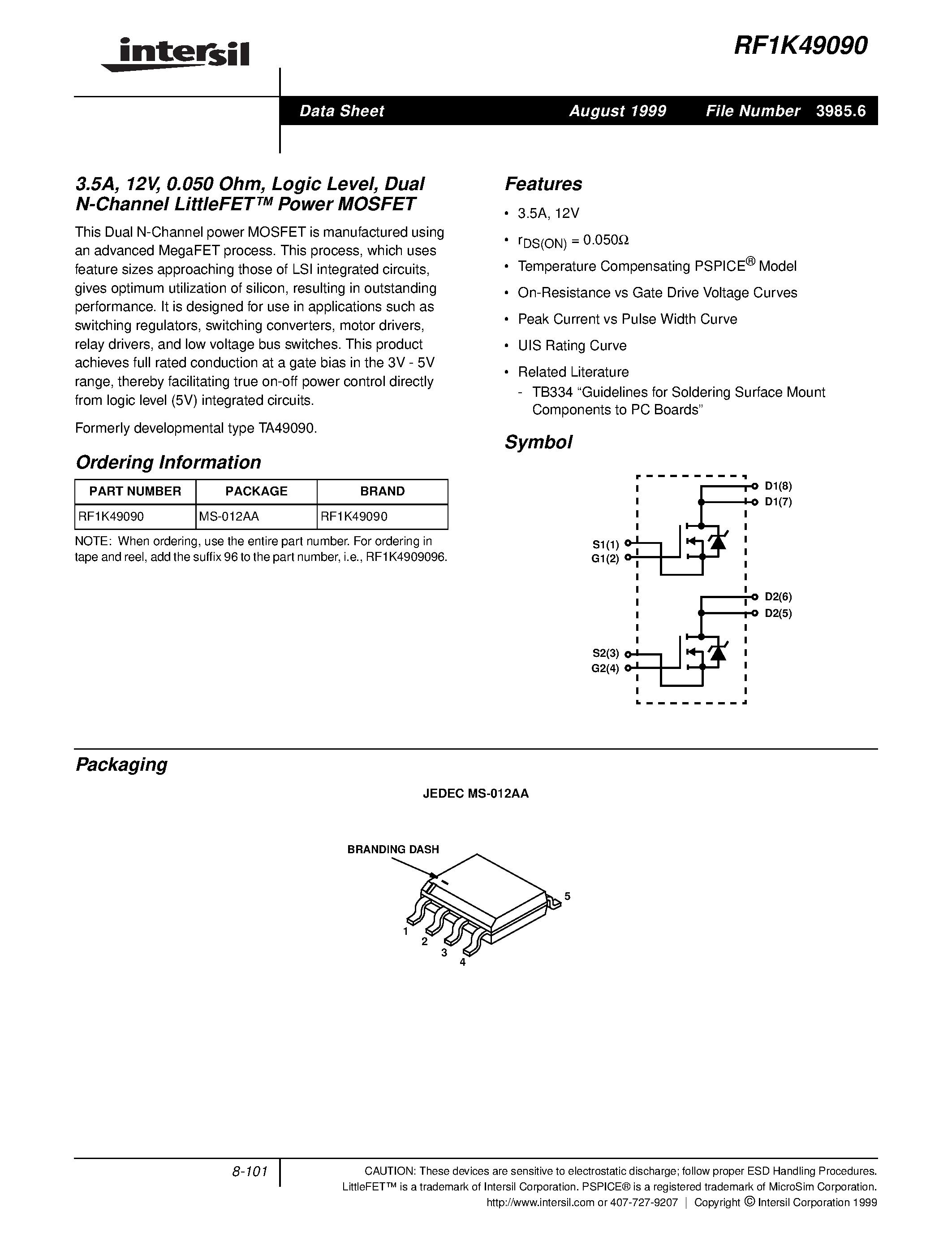 Datasheet RF1K49090 - 3.5A/ 12V/ 0.050 Ohm/ Logic Level/ Dual N-Channel LittleFET Power MOSFET page 1
