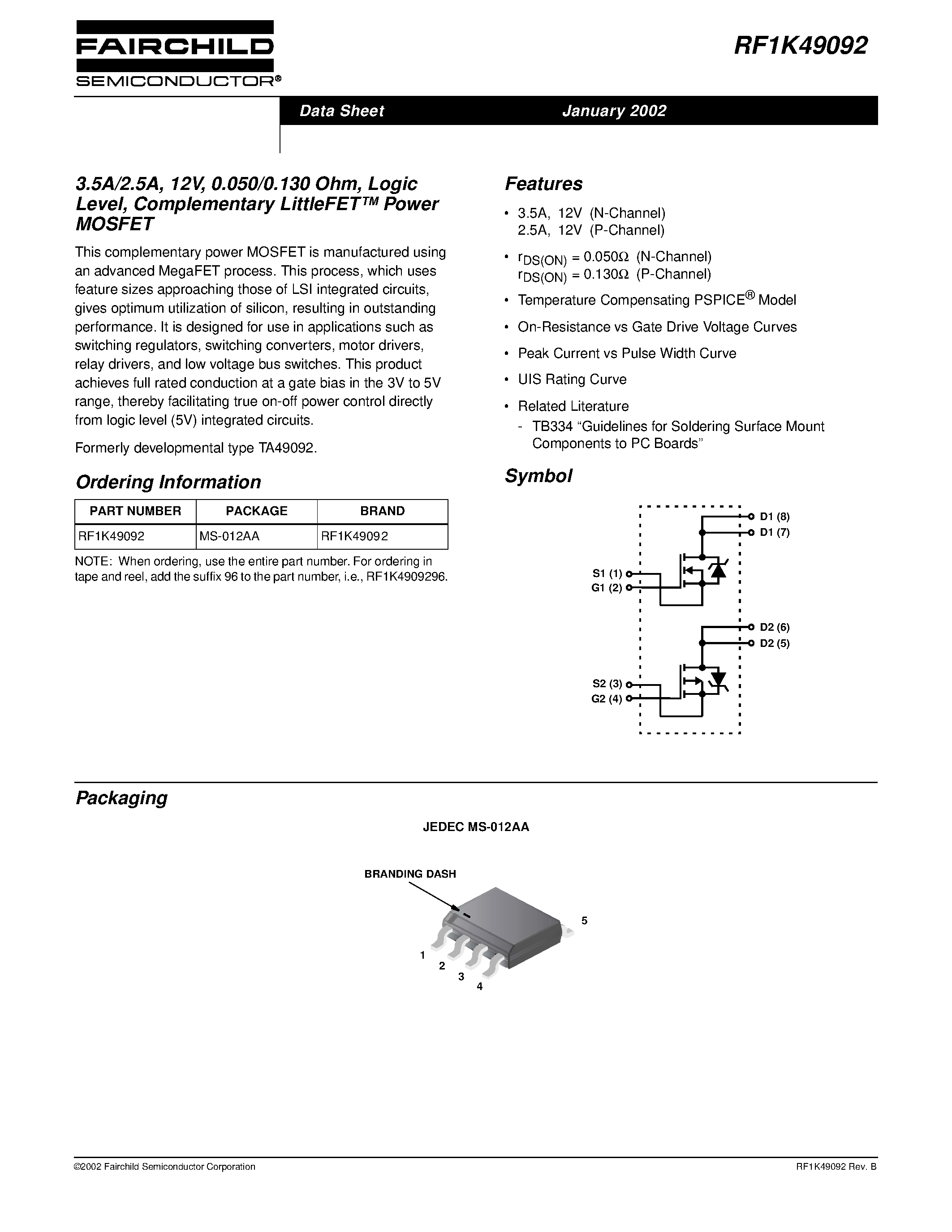 Datasheet RF1K49092 - 3.5A/2.5A/ 12V/ 0.050/0.130 Ohm/ Logic Level/ Complementary LittleFET Power MOSFET page 1