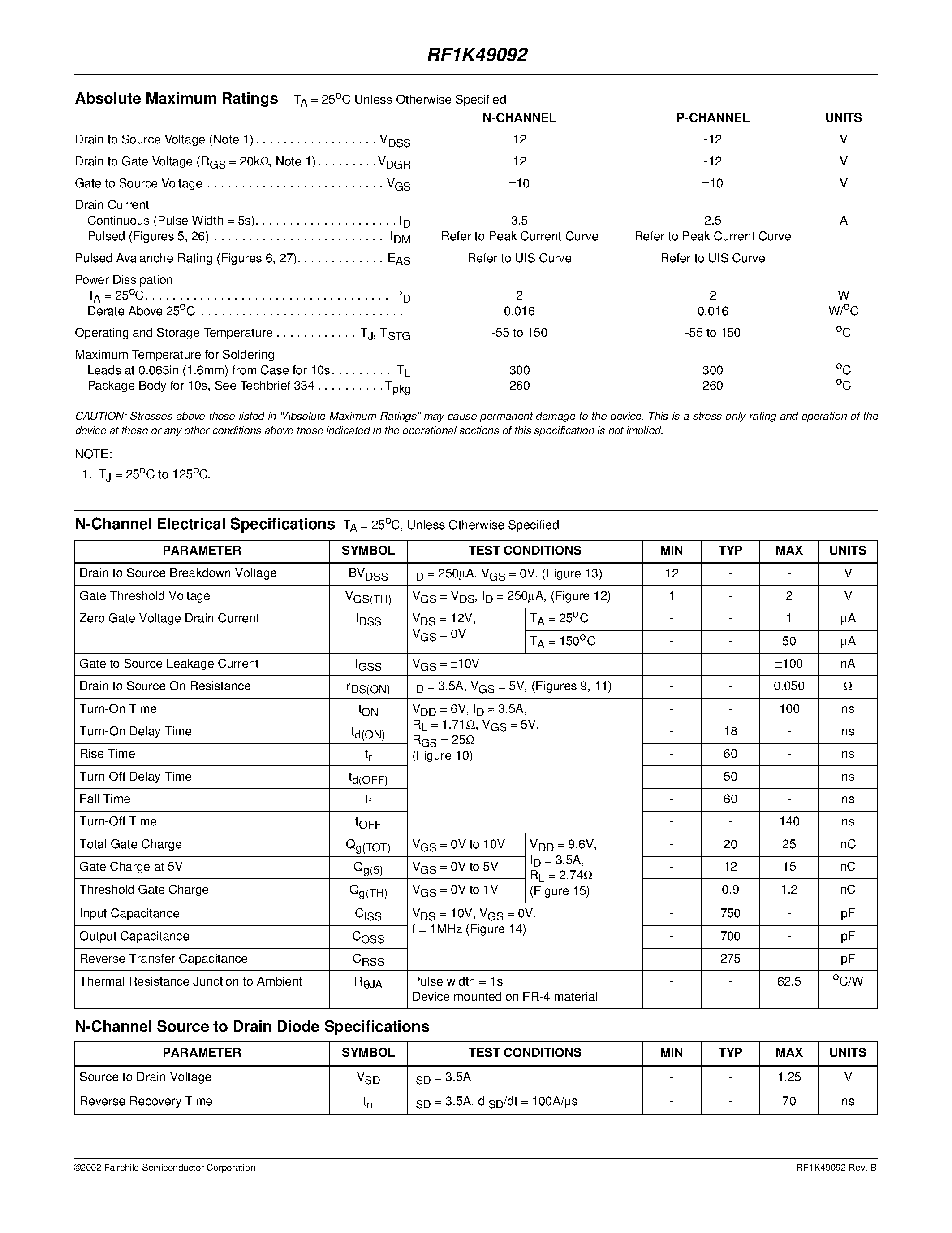 Datasheet RF1K49092 - 3.5A/2.5A/ 12V/ 0.050/0.130 Ohm/ Logic Level/ Complementary LittleFET Power MOSFET page 2