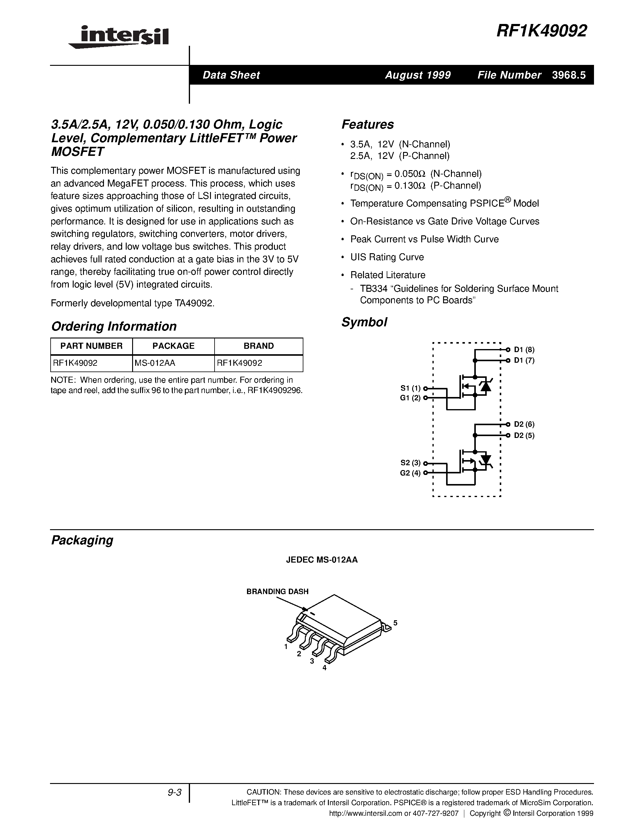 Datasheet RF1K49092 - 3.5A/2.5A/ 12V/ 0.050/0.130 Ohm/ Logic Level/ Complementary LittleFET Power MOSFET page 1
