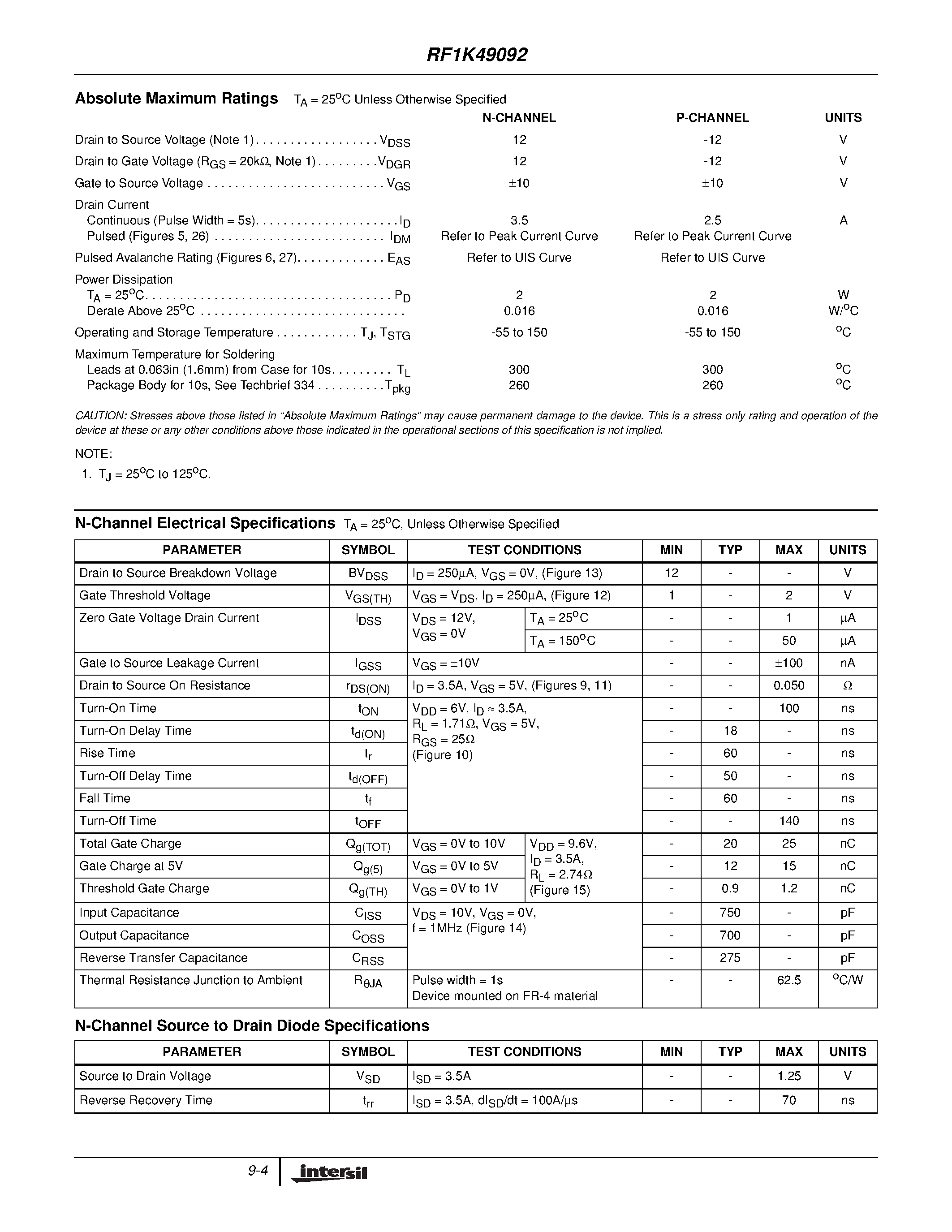 Datasheet RF1K49092 - 3.5A/2.5A/ 12V/ 0.050/0.130 Ohm/ Logic Level/ Complementary LittleFET Power MOSFET page 2