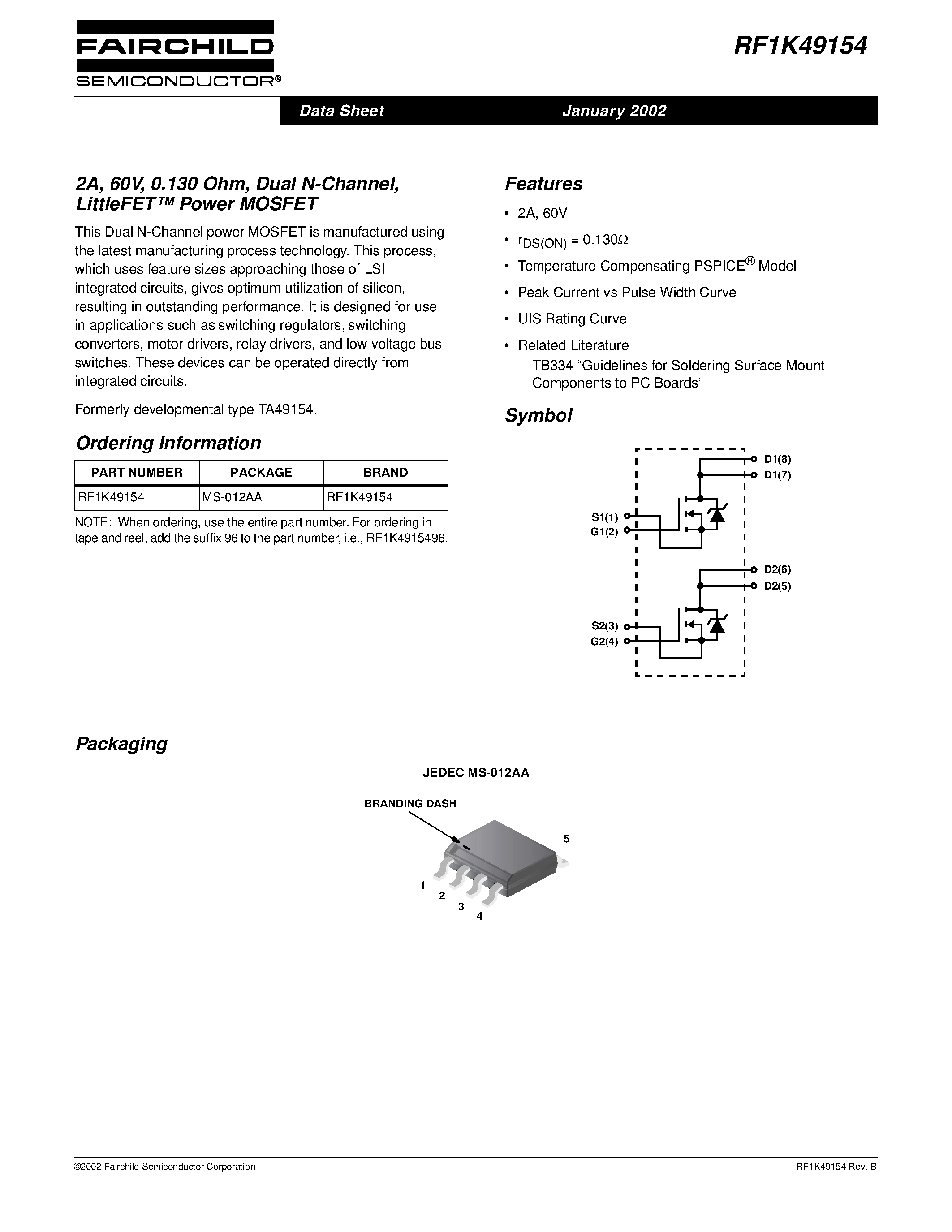 Datasheet RF1K49154 - 2A/ 60V/ 0.130 Ohm/ Dual N-Channel/ LittleFET Power MOSFET page 1