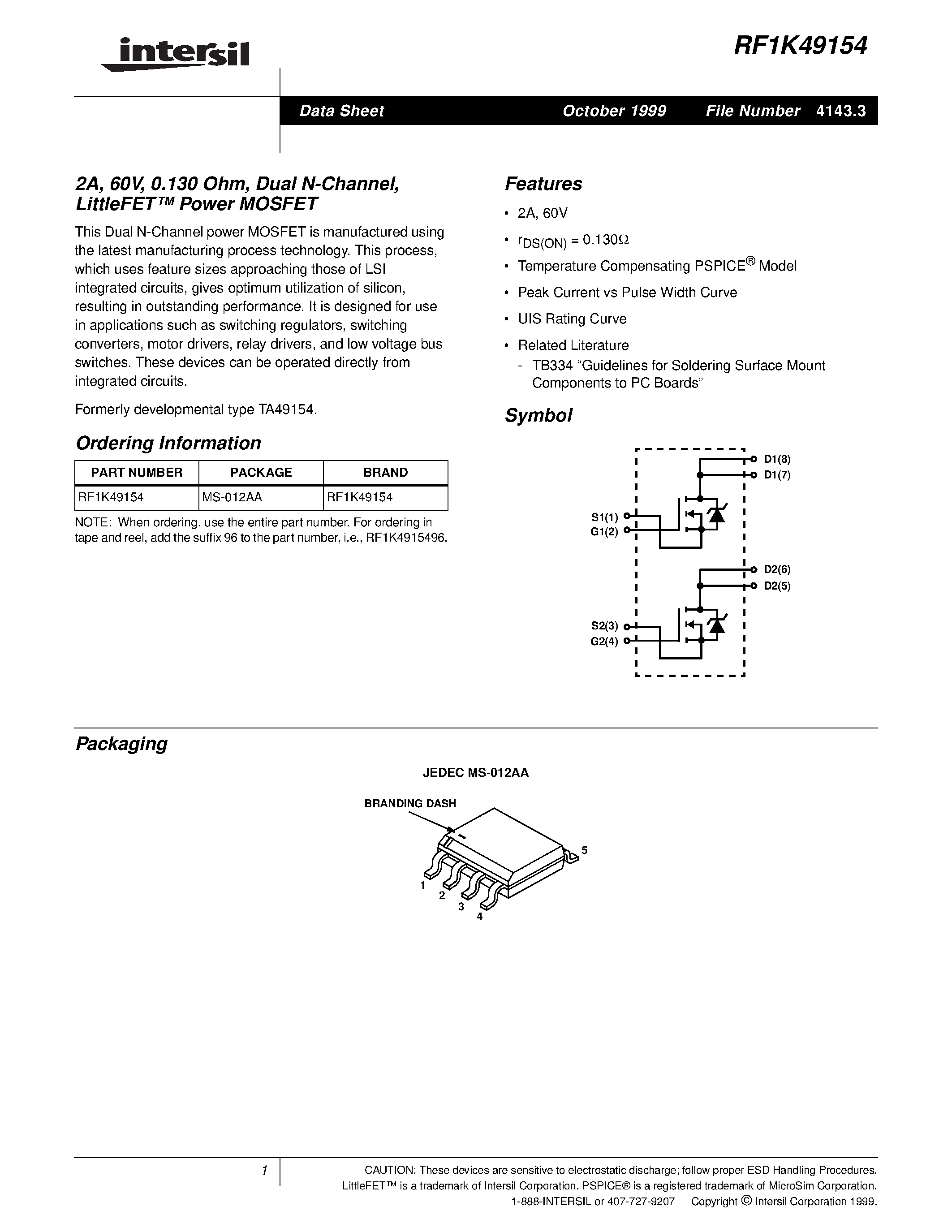Datasheet RF1K49154 - 2A/ 60V/ 0.130 Ohm/ Dual N-Channel/ LittleFET Power MOSFET page 1