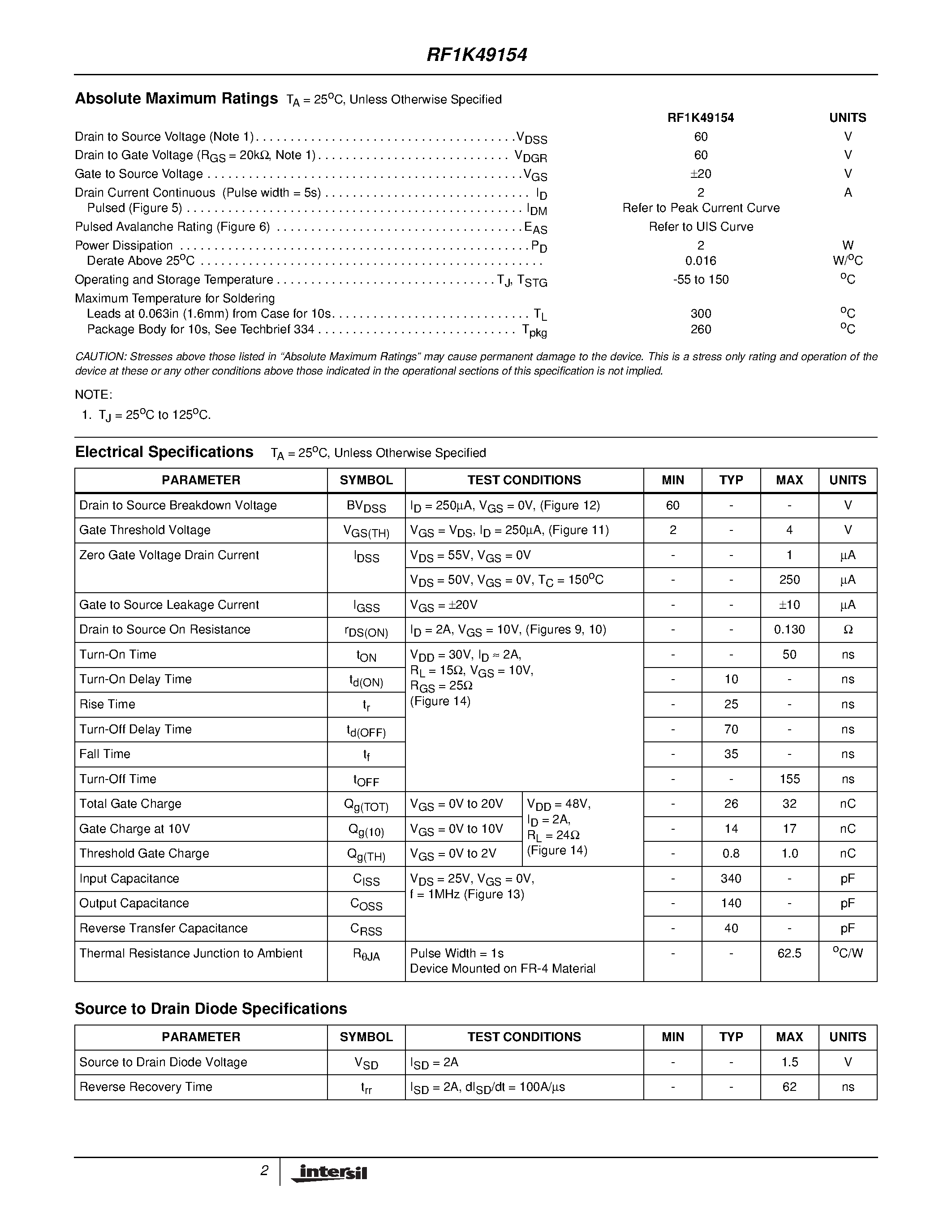 Datasheet RF1K49154 - 2A/ 60V/ 0.130 Ohm/ Dual N-Channel/ LittleFET Power MOSFET page 2