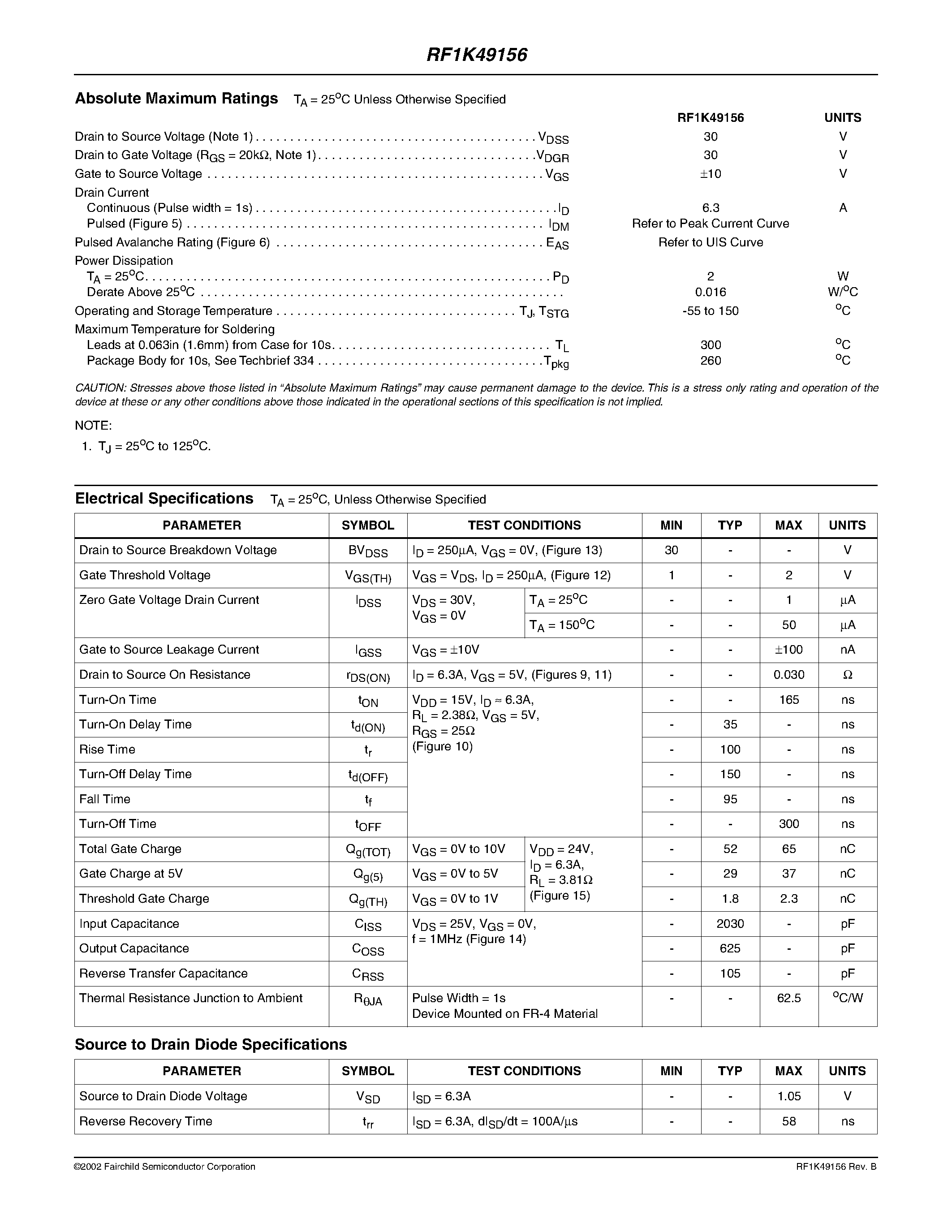Datasheet RF1K49156 page 2 Datasheet RF1K49156 - 6.3A/ 30V/ 0.030 Ohm/ Logic Level/ Single N-Channel LittleFET Power MOSFET page 2