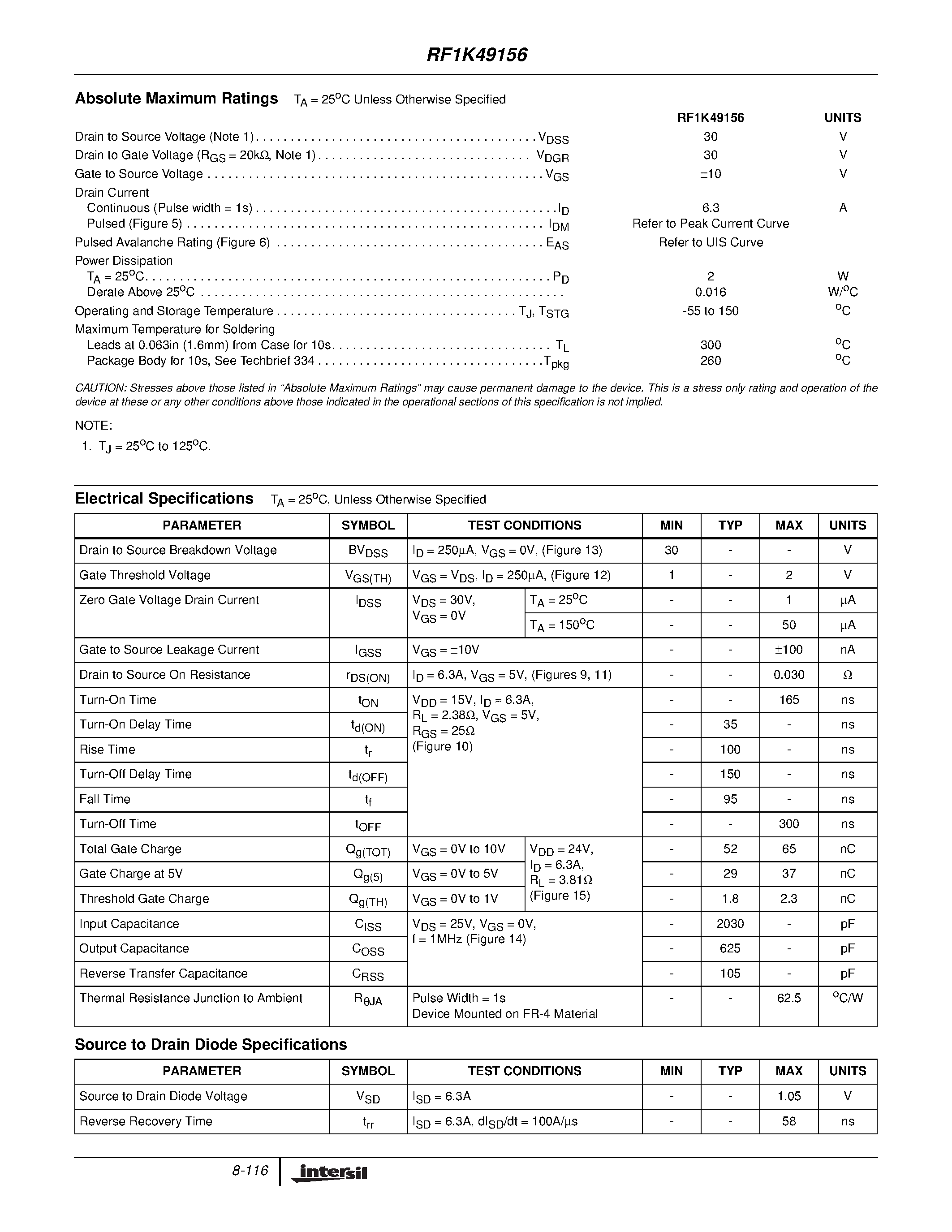 Datasheet RF1K49156 page 2 Datasheet RF1K49156 - 6.3A/ 30V/ 0.030 Ohm/ Logic Level/ Single N-Channel LittleFET Power MOSFET page 2