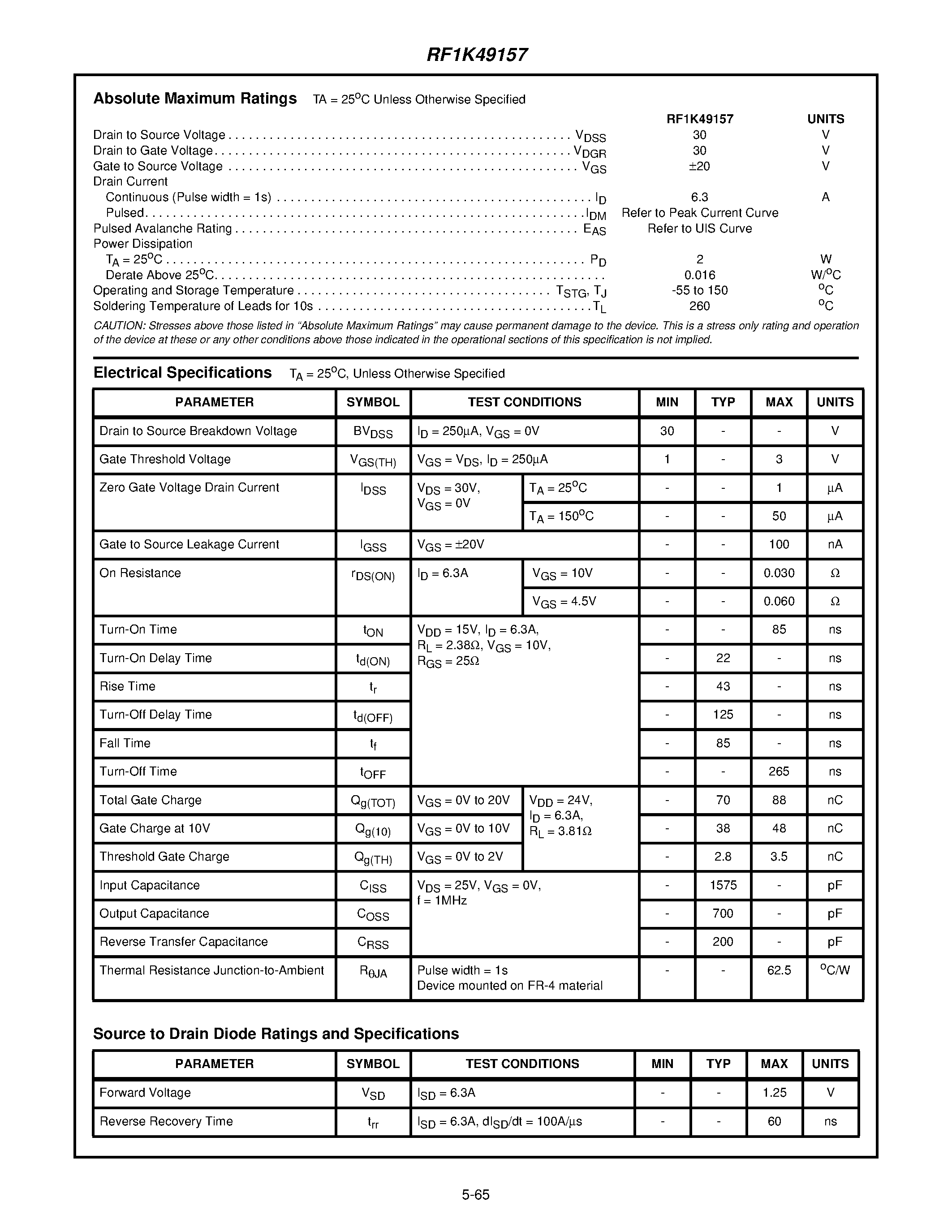 Datasheet RF1K49157 page 2 Datasheet RF1K49157 - 6.3A/ 30V/ Avalanche Rated/ Single N-Channel LittleFET Enhancement Mode Power MOSFET page 2