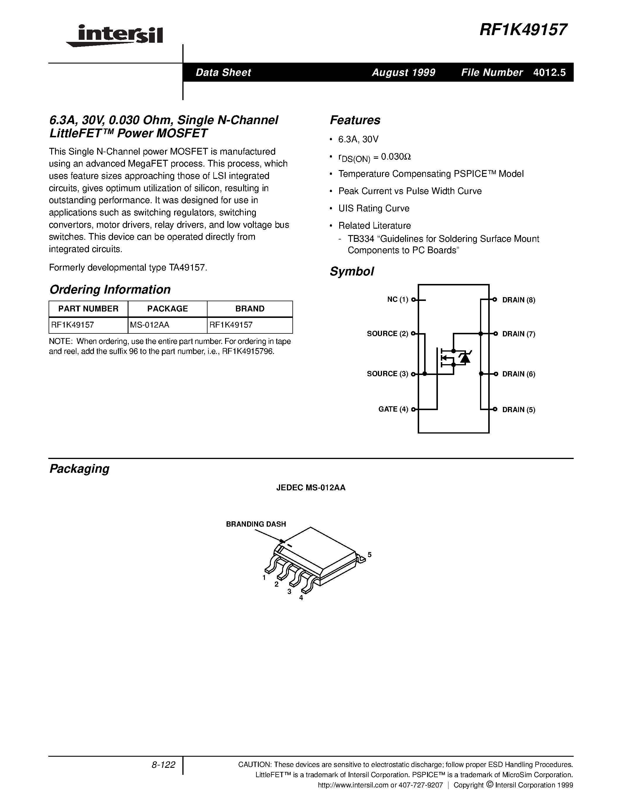 Datasheet RF1K49157 - 6.3A/ 30V/ 0.030 Ohm/ Single N-Channel LittleFET Power MOSFET page 1