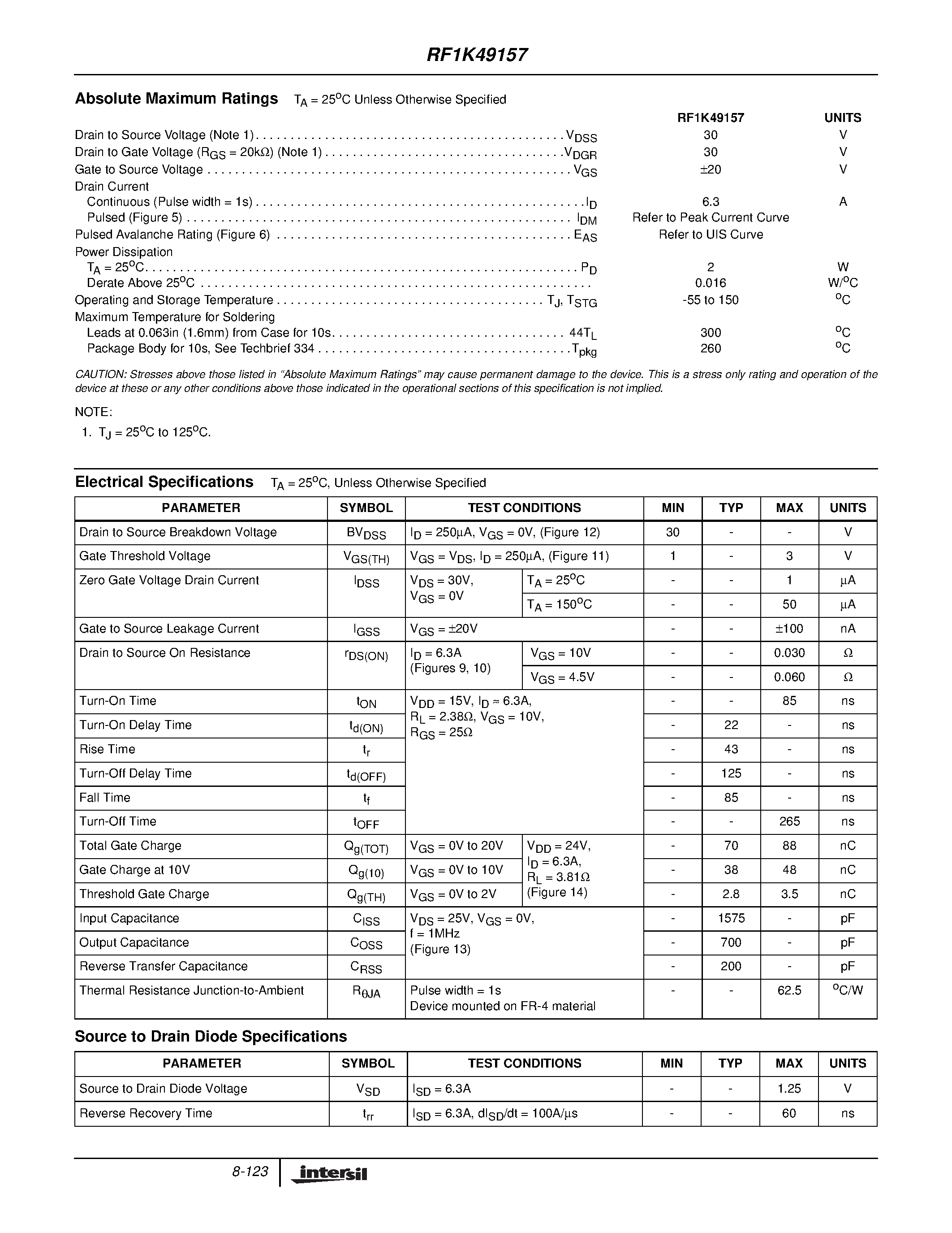 Datasheet RF1K49157 - 6.3A/ 30V/ 0.030 Ohm/ Single N-Channel LittleFET Power MOSFET page 2