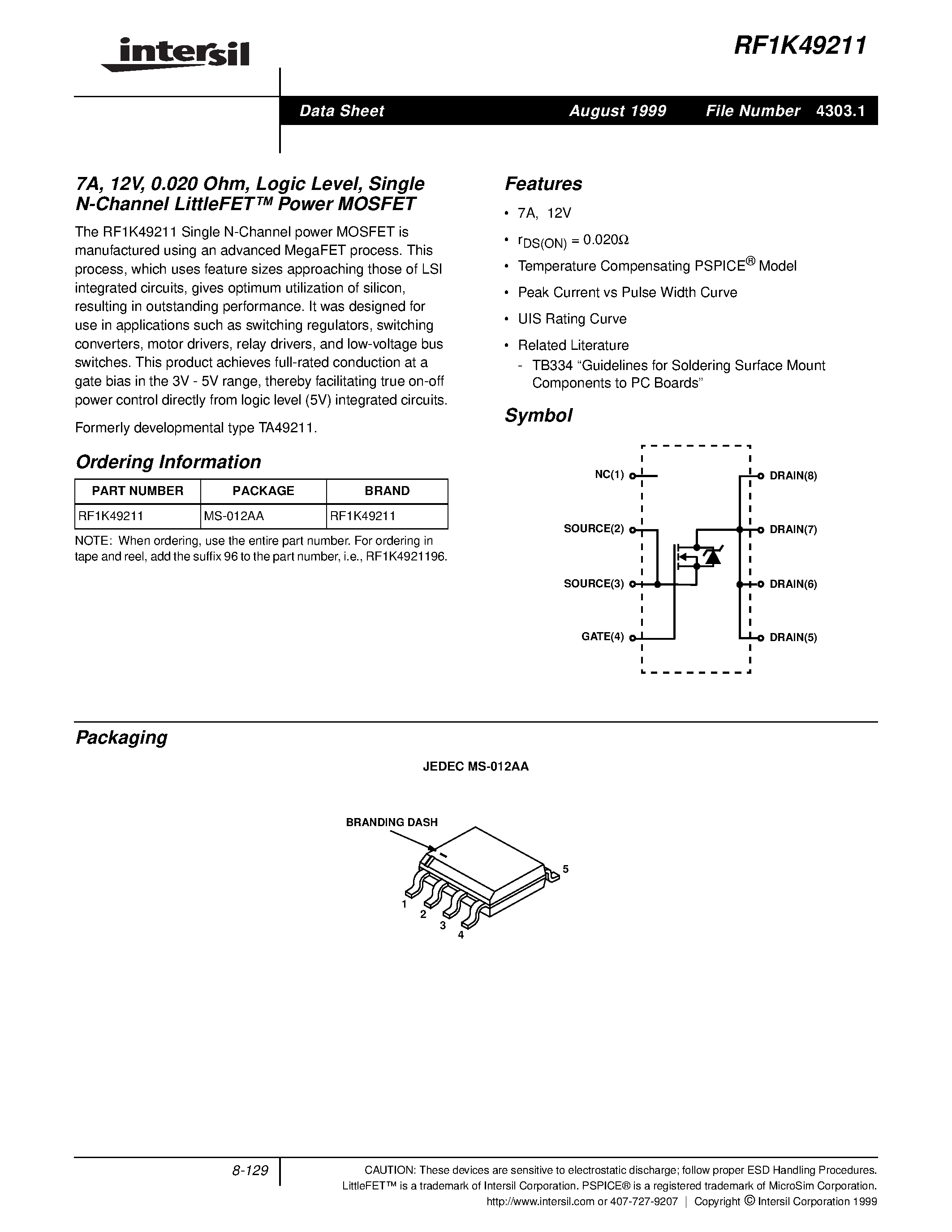 Datasheet RF1K49211 - 7A/ 12V/ 0.020 Ohm/ Logic Level/ Single N-Channel LittleFET Power MOSFET page 1