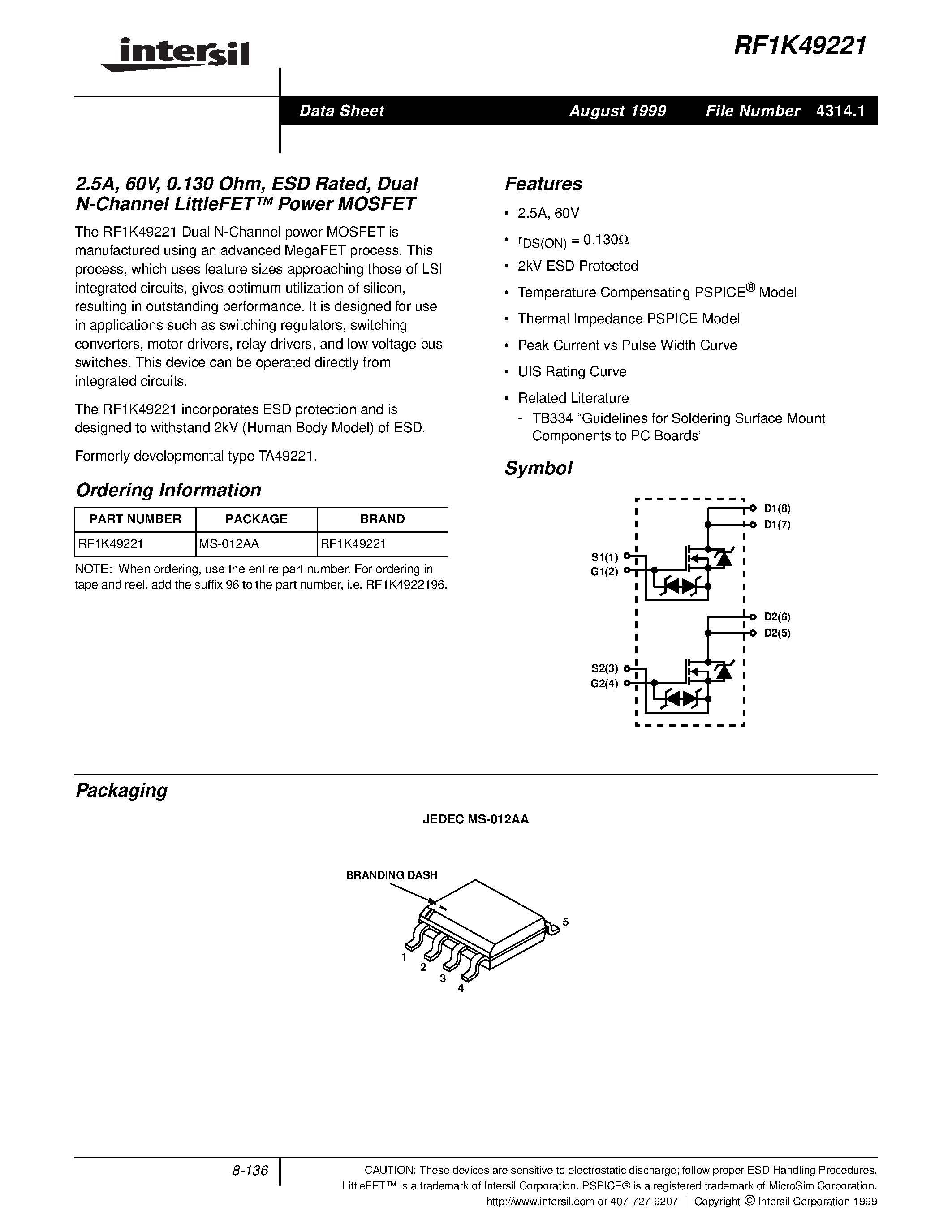 Datasheet RF1K49221 - 2.5A/ 60V/ 0.130 Ohm/ ESD Rated/ Dual N-Channel LittleFET Power MOSFET page 1