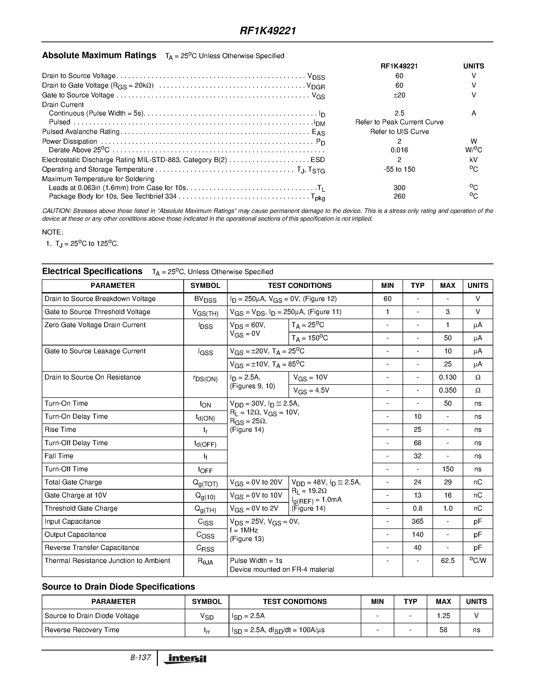 Datasheet RF1K49221 - 2.5A/ 60V/ 0.130 Ohm/ ESD Rated/ Dual N-Channel LittleFET Power MOSFET page 2