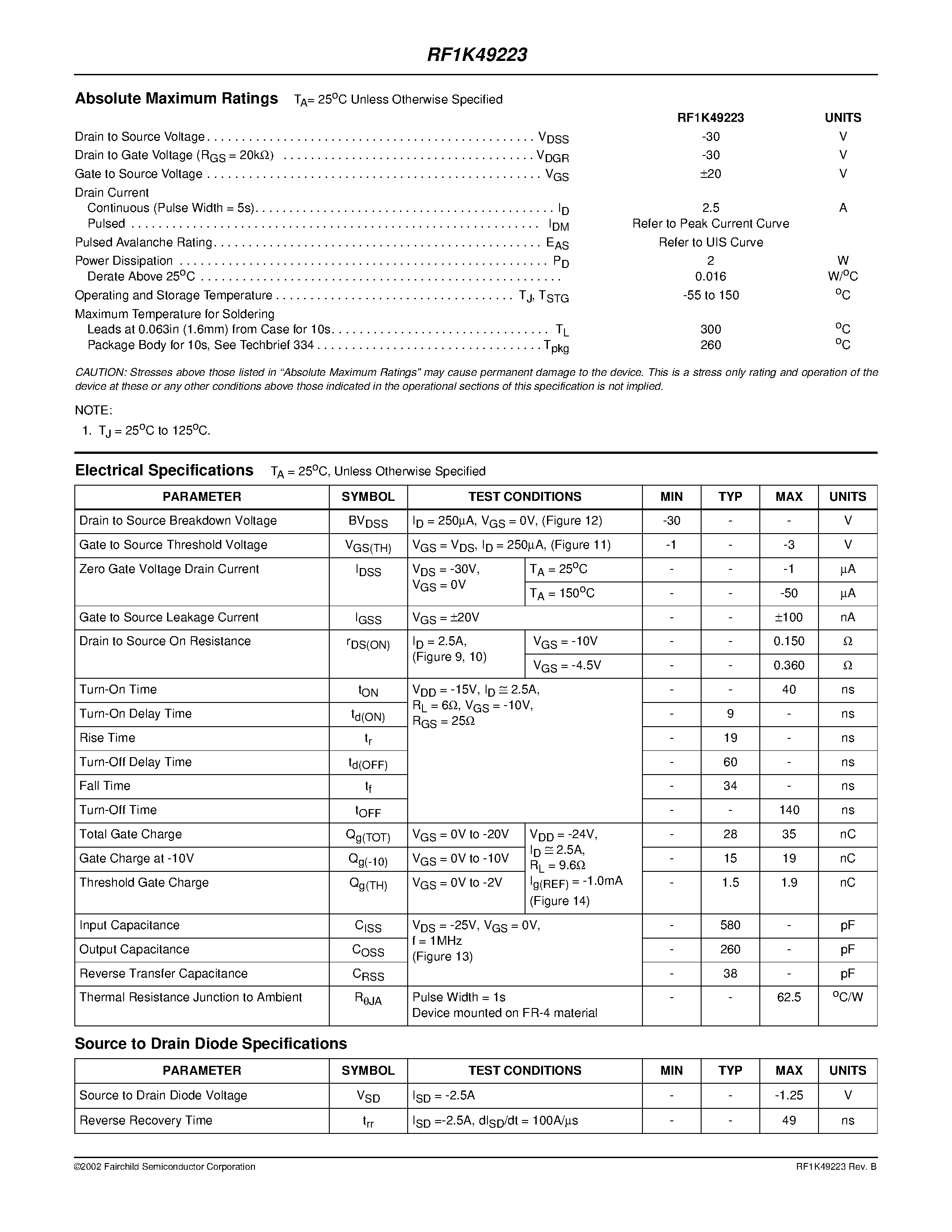 Datasheet RF1K49223 page 2 Datasheet RF1K49223 - 2.5A/ 30V/ 0.150 Ohm/ Dual P-Channel LittleFET Power MOSFET page 2