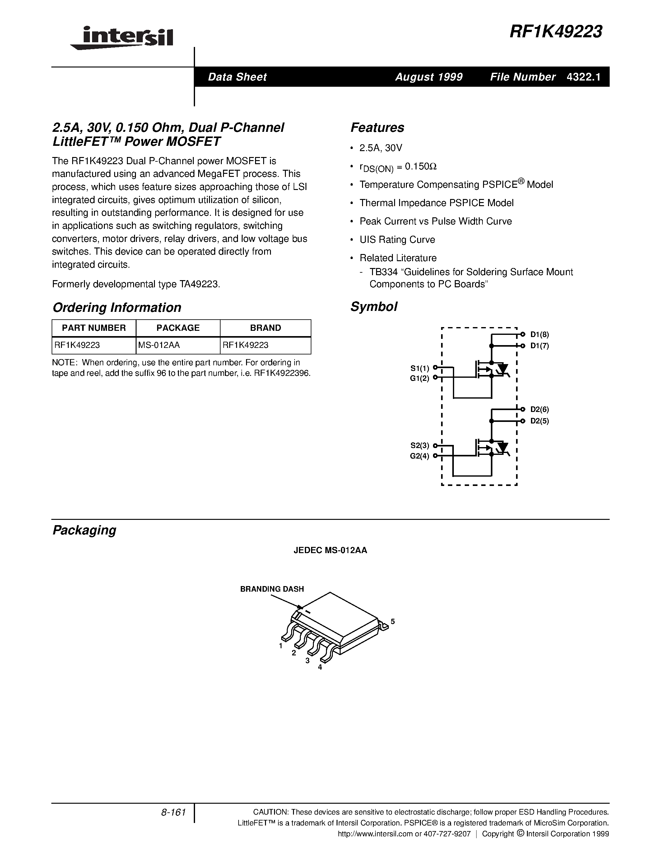 Datasheet RF1K49223 - 2.5A/ 30V/ 0.150 Ohm/ Dual P-Channel LittleFET Power MOSFET page 1