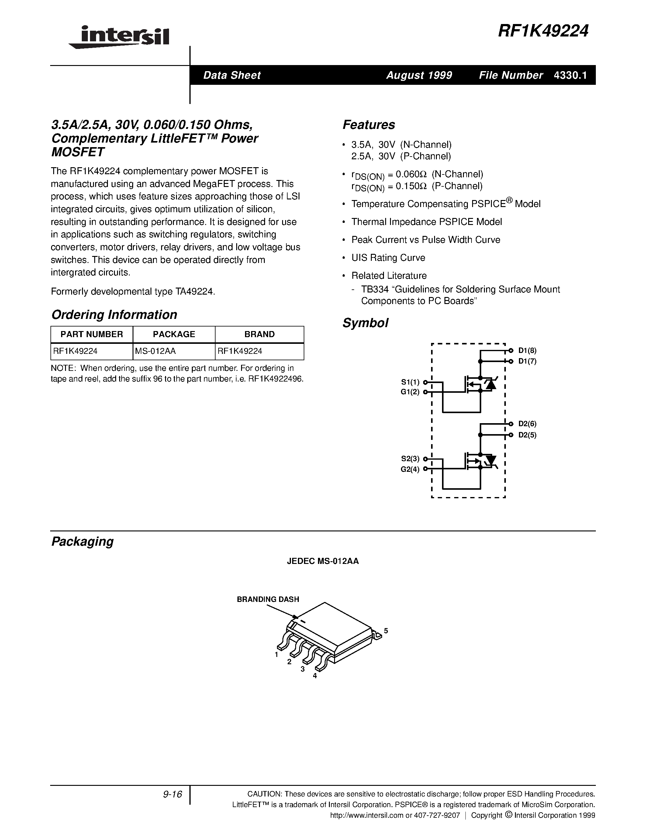 Datasheet RF1K49224 - 3.5A/2.5A/ 30V/ 0.060/0.150 Ohms/ Complementary LittleFET Power MOSFET page 1