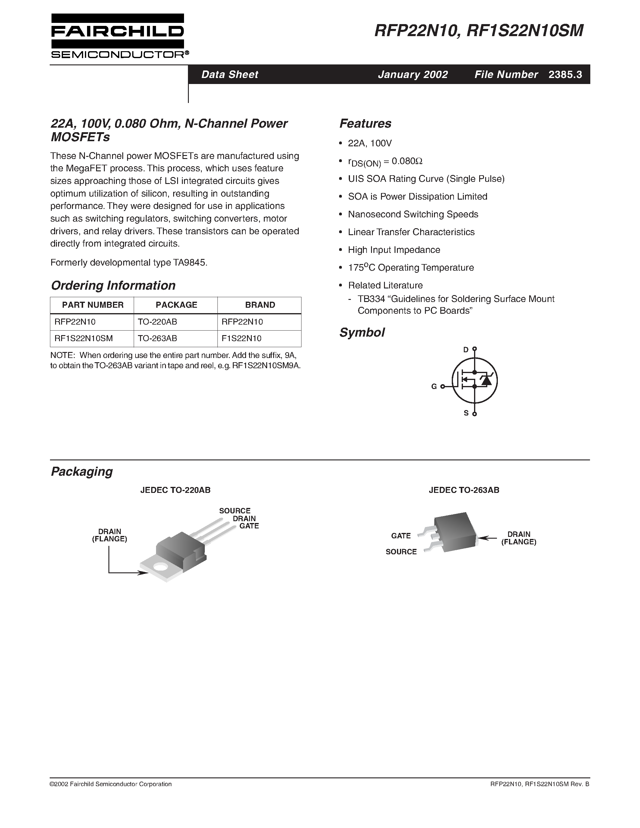 Datasheet RF1S22N10SM - 22A/ 100V/ 0.080 Ohm/ N-Channel Power MOSFETs page 1