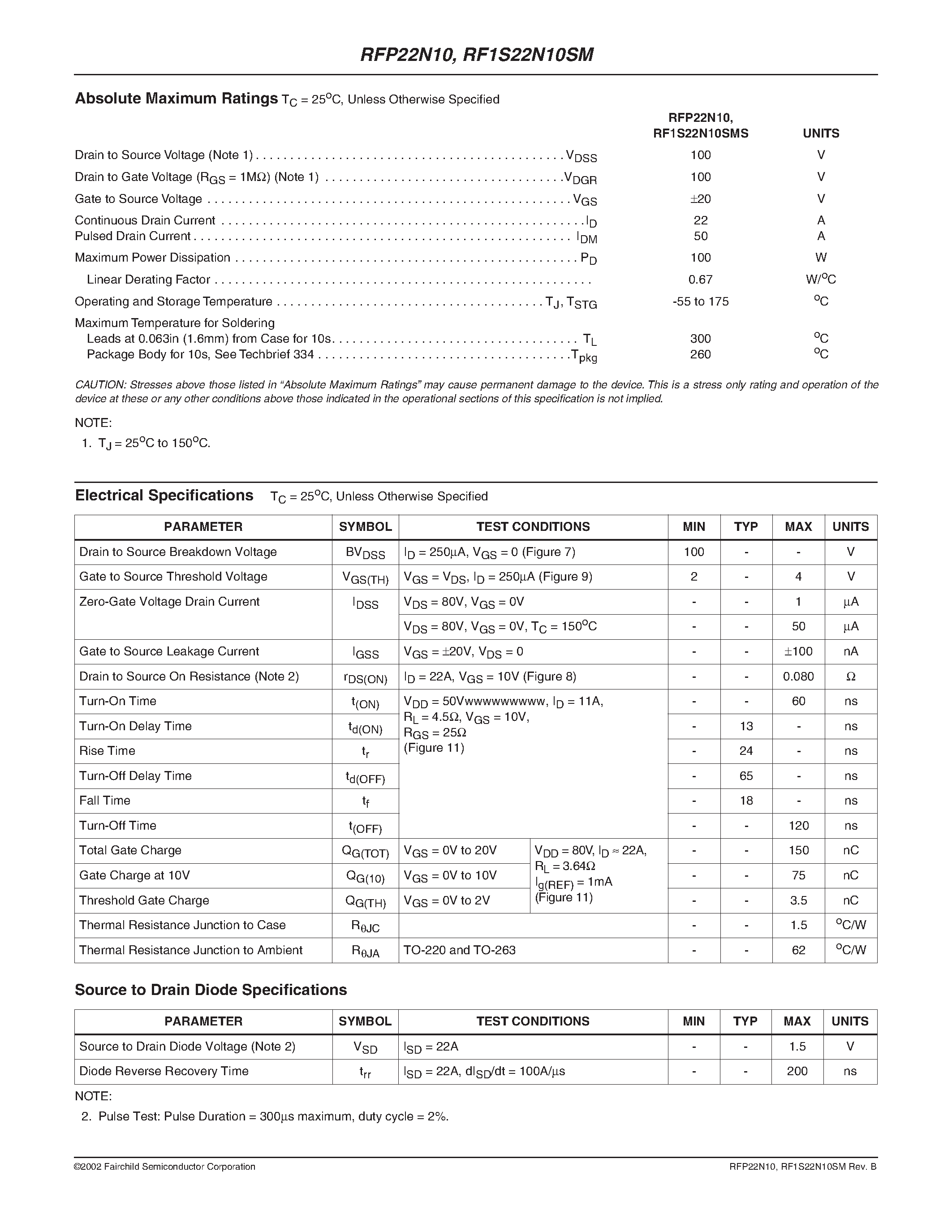 Datasheet RF1S22N10SM - 22A/ 100V/ 0.080 Ohm/ N-Channel Power MOSFETs page 2