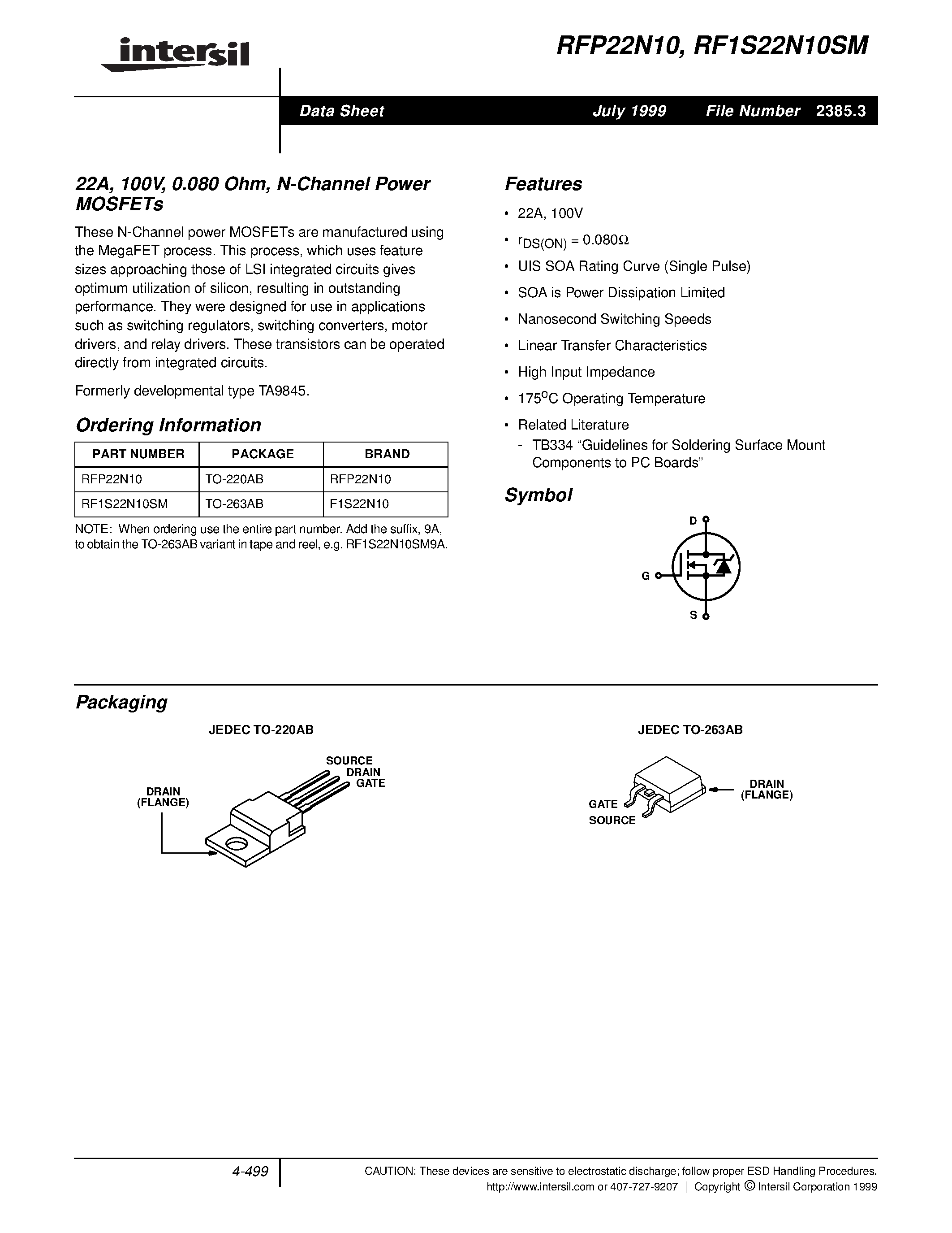 Datasheet RF1S22N10SM page 1 Datasheet RF1S22N10SM - 22A/ 100V/ 0.080 Ohm/ N-Channel Power MOSFETs page 1