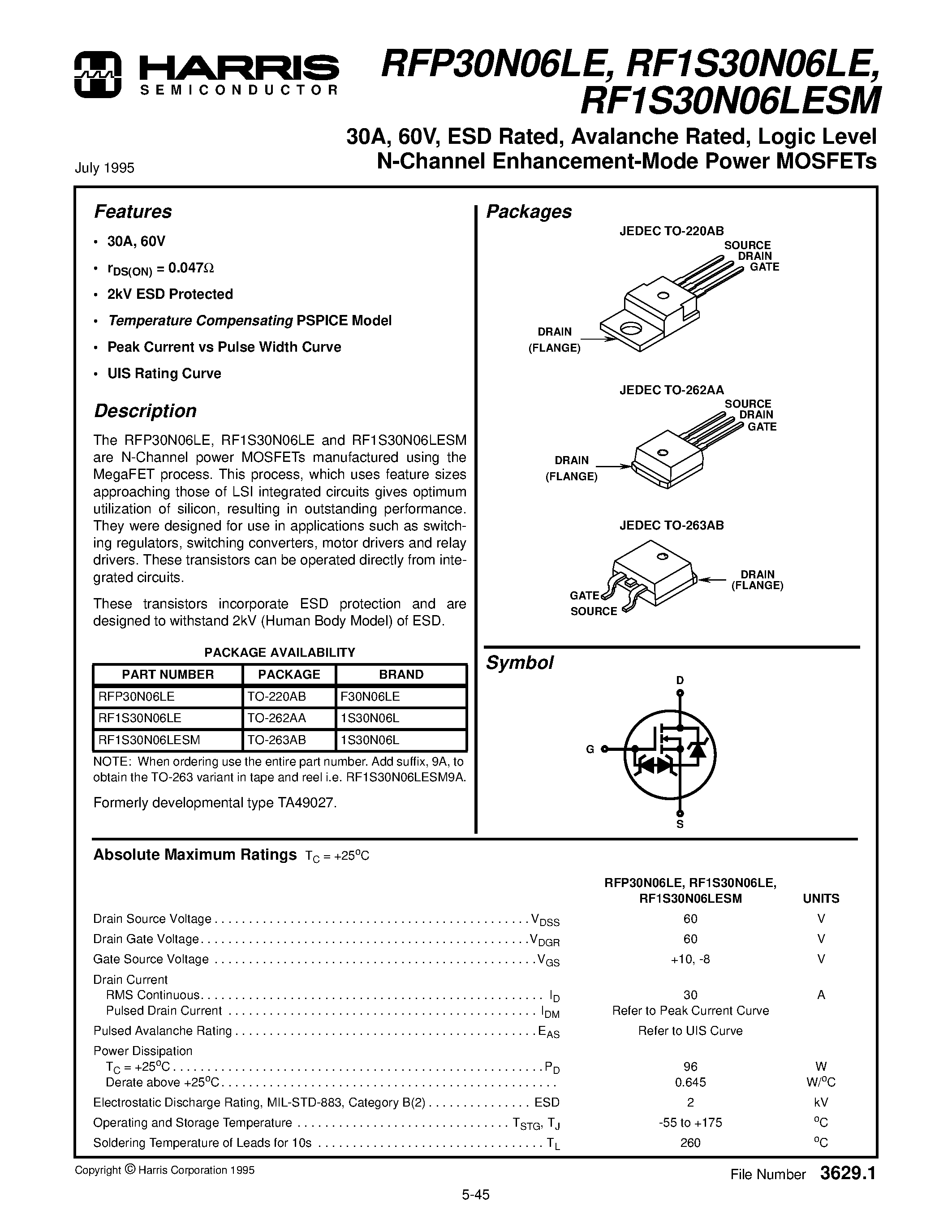 Datasheet RF1S30N06LESM - 30A/ 60V/ ESD Rated/ Avalanche Rated/ Logic Level N-Channel Enhancement-Mode Power MOSFETs page 1